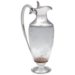 Pichet à vin en verre gravé de 1868:: de style victorien:: en argent sterling ancien