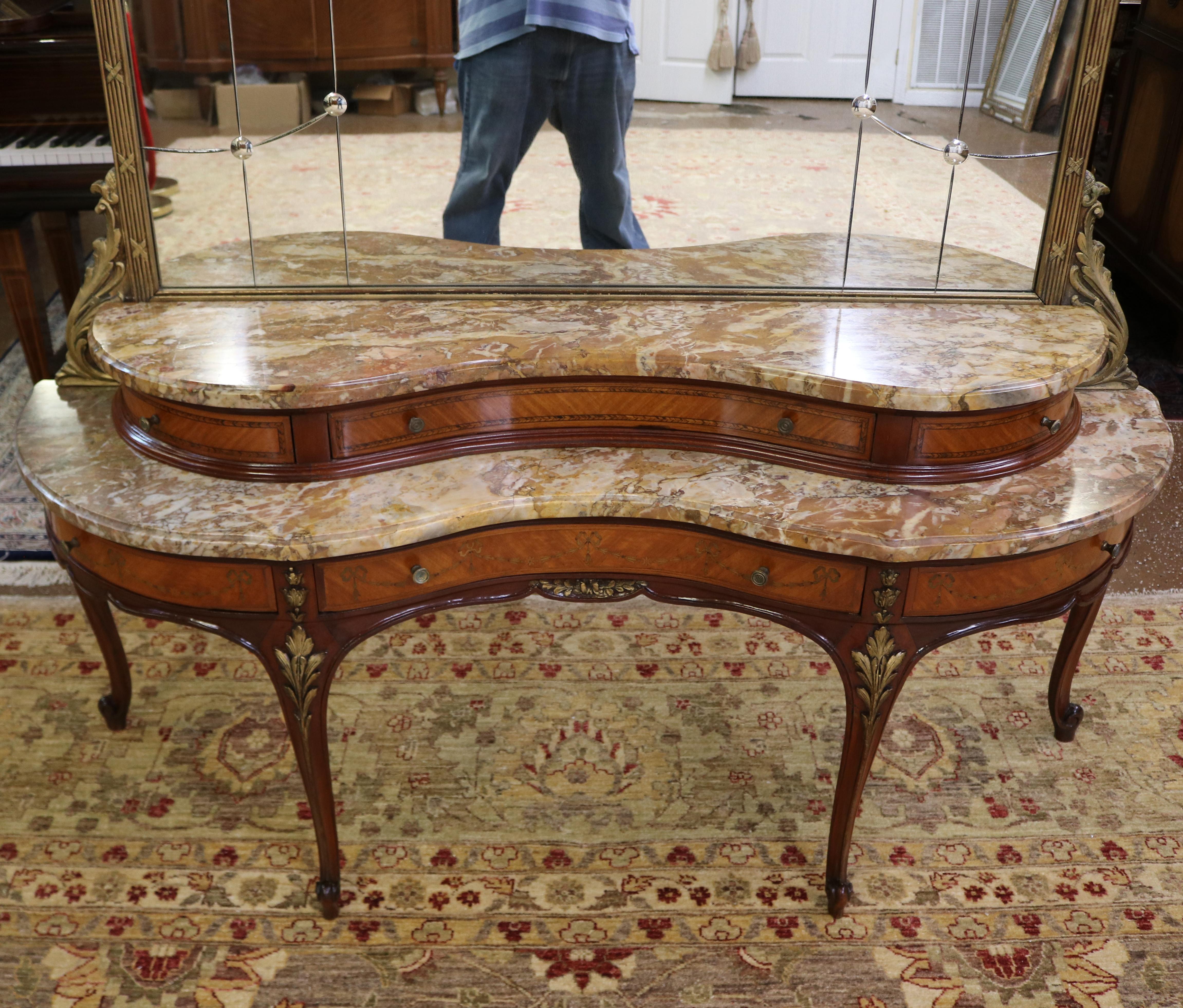 Etched Gold Mirror Marble Top Kingwood Vanity Circa 1920 For Sale 13
