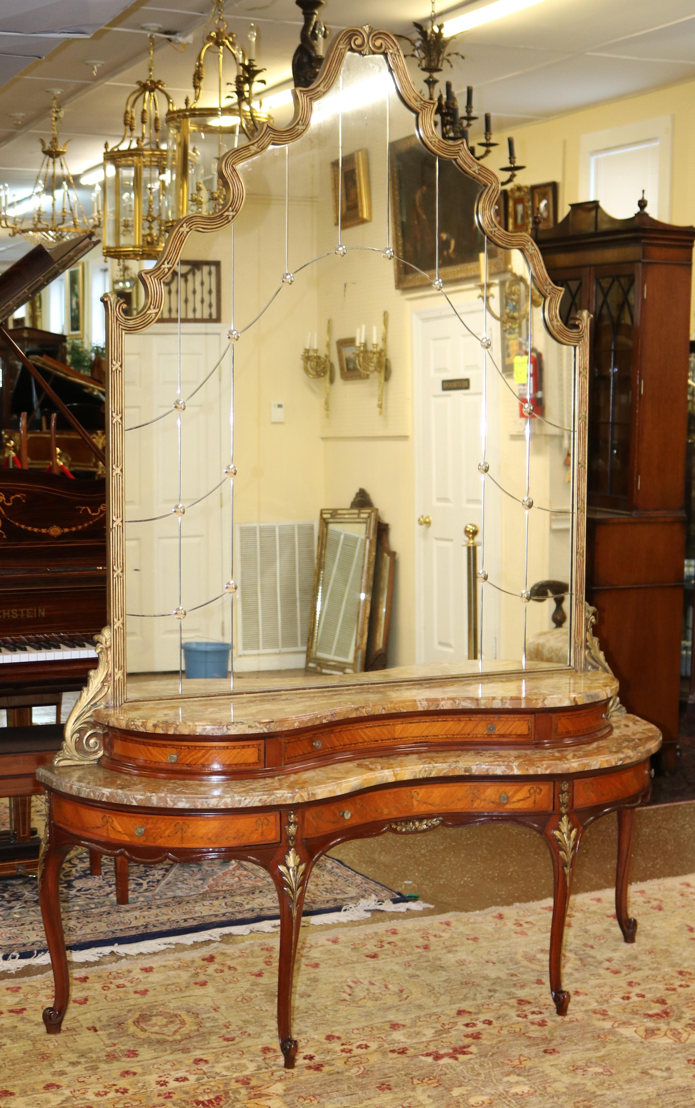 Louis XV Etched Gold Mirror Marble Top Kingwood Vanity Circa 1920 For Sale