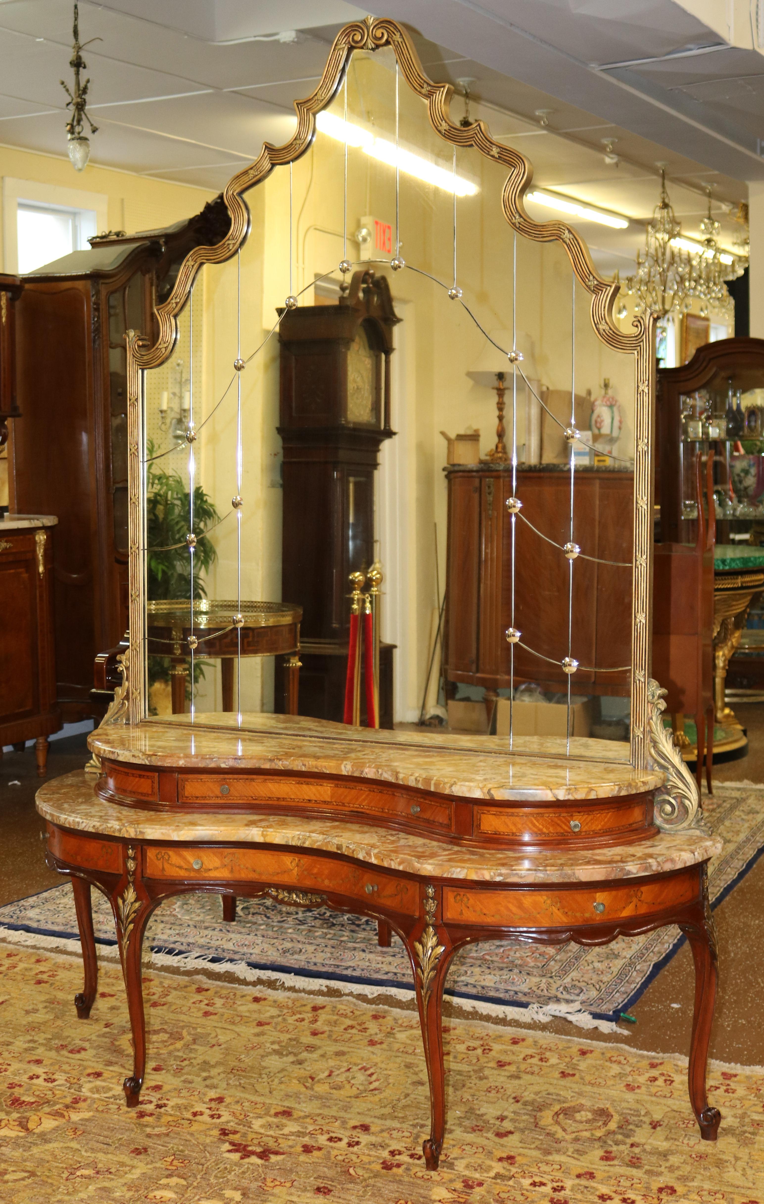 French Etched Gold Mirror Marble Top Kingwood Vanity Circa 1920 For Sale