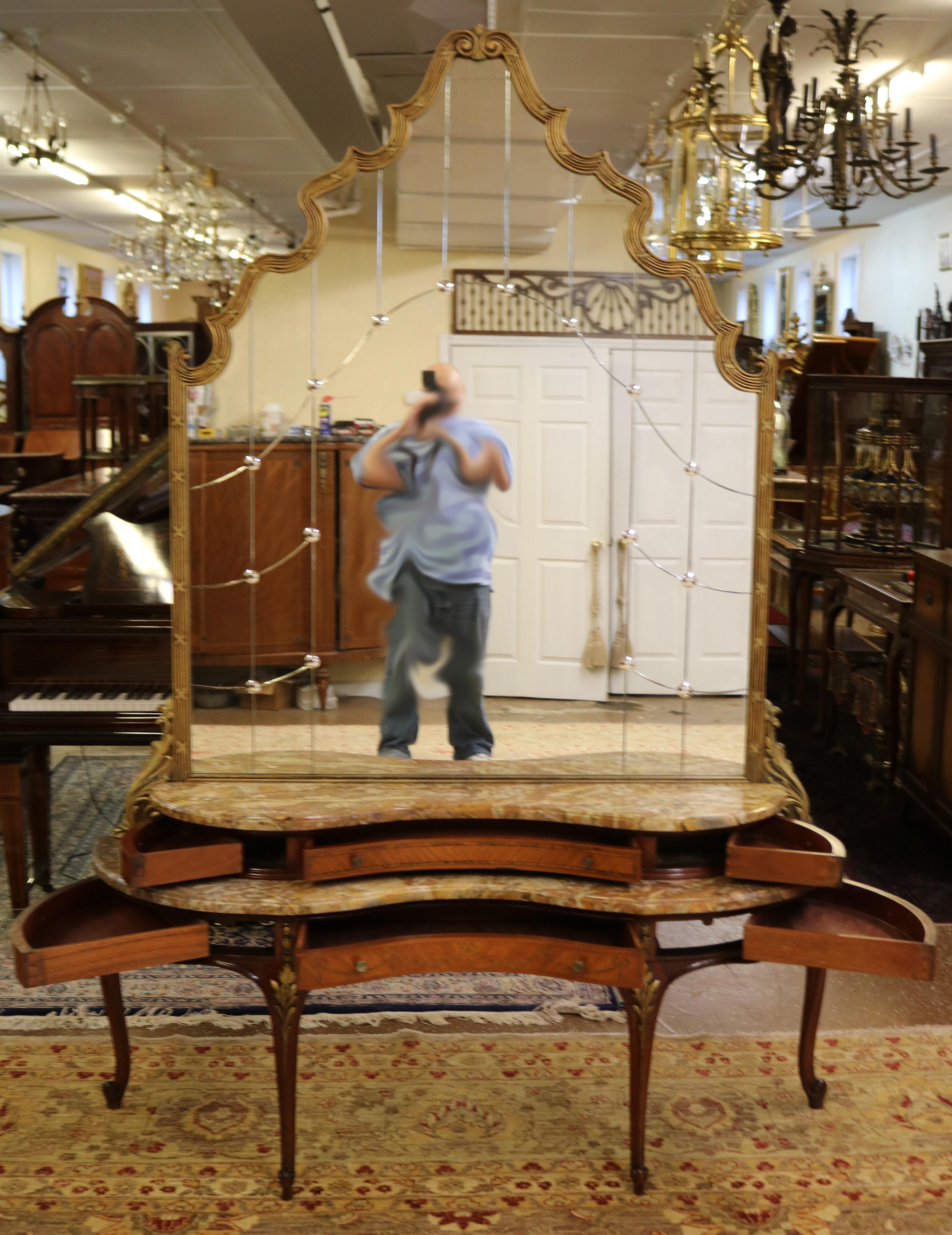 20th Century Etched Gold Mirror Marble Top Kingwood Vanity Circa 1920 For Sale