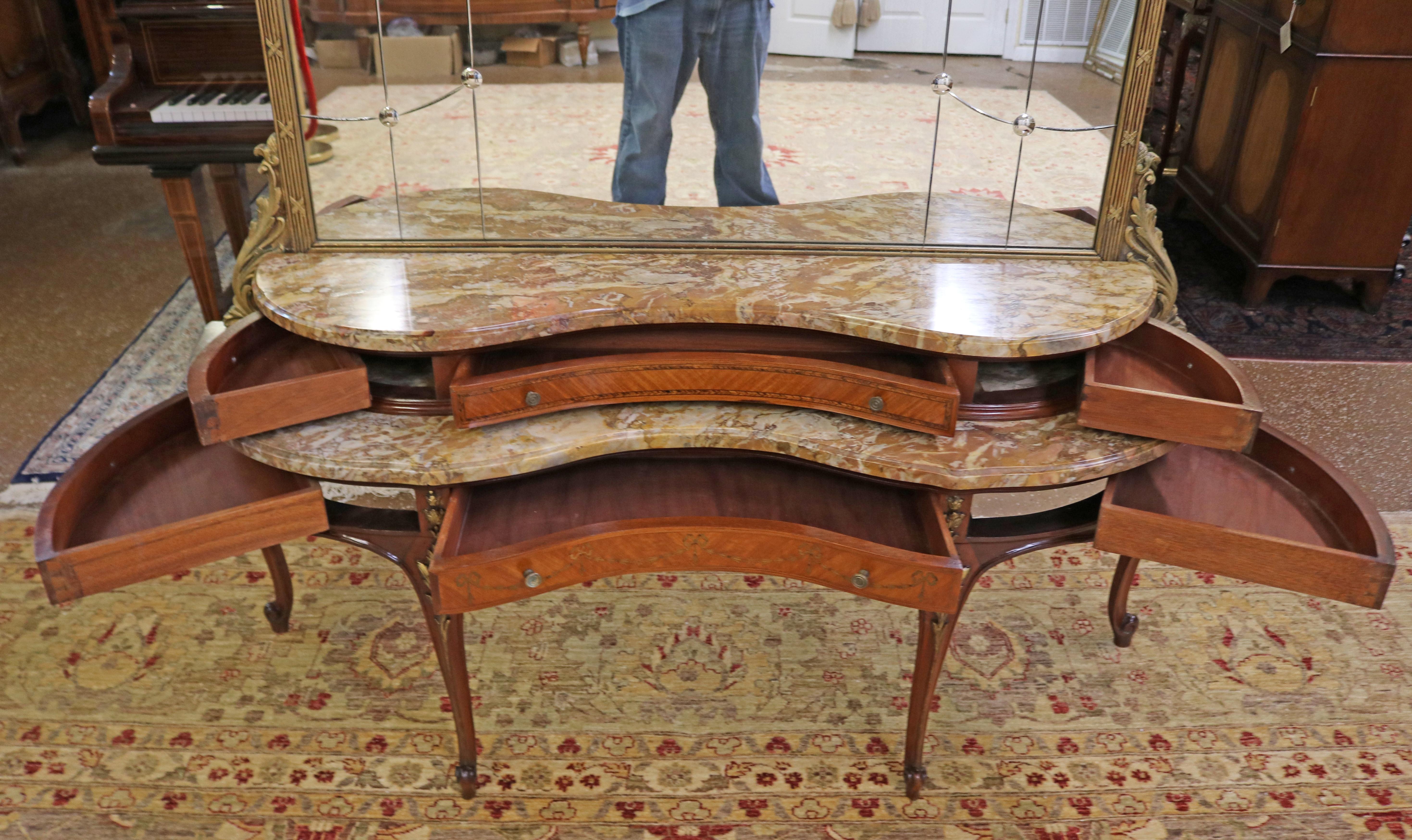 Etched Gold Mirror Marble Top Kingwood Vanity Circa 1920 For Sale 1