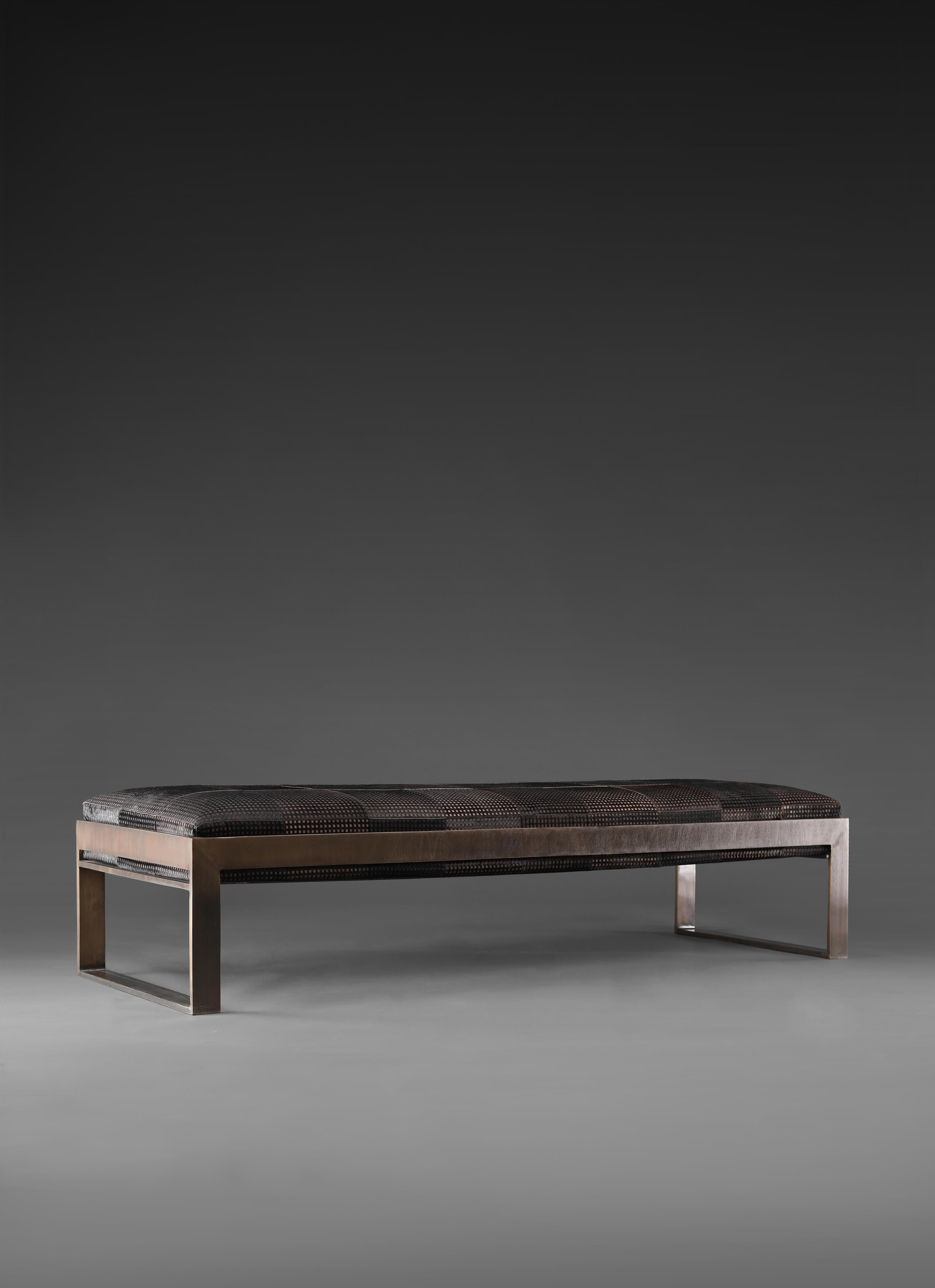 Etched Hair-on Upholstery Jacob bench by Madheke
Dimensions: W 180 D 60 H 41 cm
Materials: Leather, Fabric, Metal

Etched hair-on upholstery, solid bronzed frame.

Reflecting the finest in craftsmanship, innovation and heritage, Madheke creates