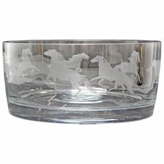Etched Horses on a Clear Glass Serving Bowl