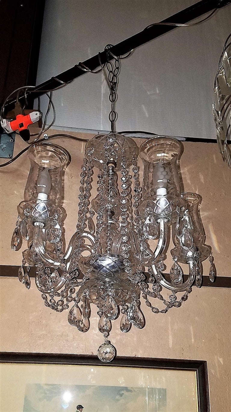 Etched Hurricane Shade Crystal 5Arm Chandelier For Sale at 1stDibs