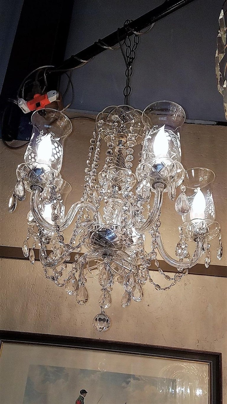 Etched Hurricane Shade Crystal 5Arm Chandelier For Sale at 1stDibs