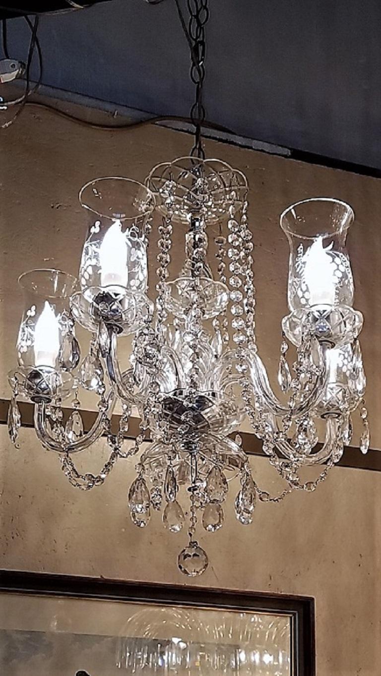 Etched Hurricane Shade Crystal 5Arm Chandelier For Sale at 1stDibs