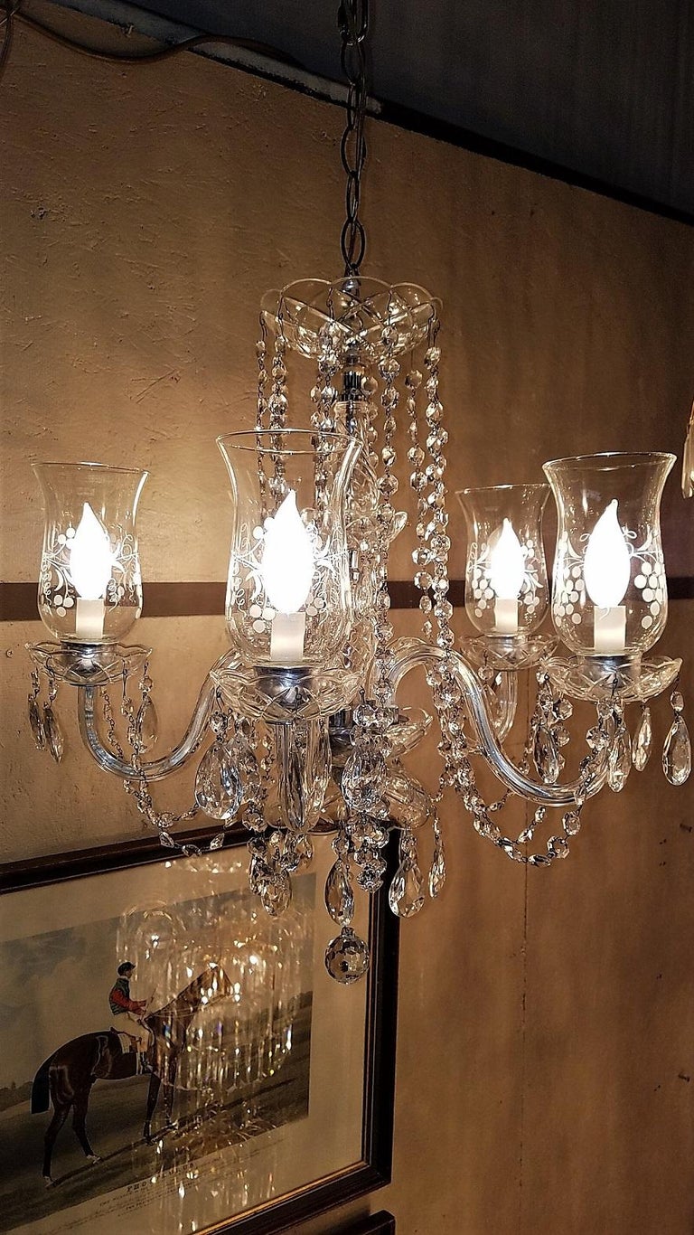 Etched Hurricane Shade Crystal 5Arm Chandelier For Sale at 1stDibs