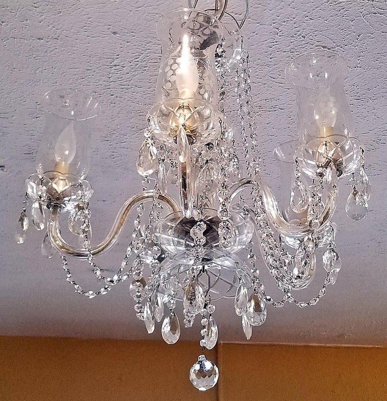 Etched Hurricane Shade Crystal 5Arm Chandelier For Sale at 1stDibs