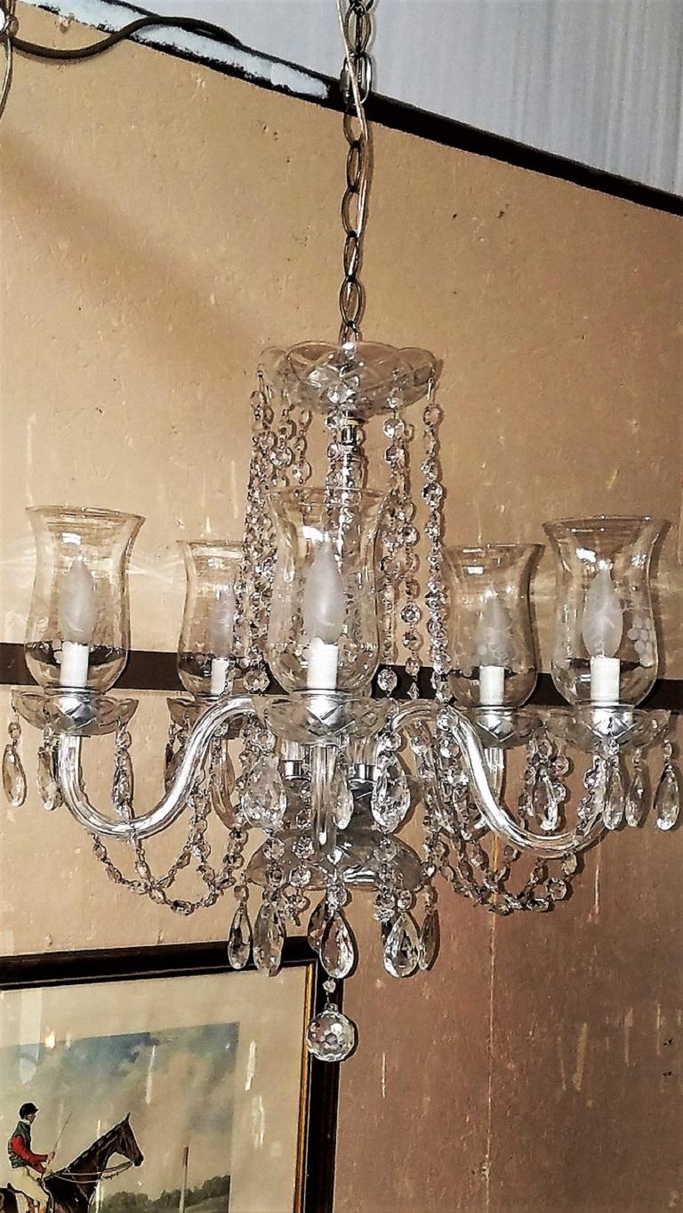Etched Hurricane Shade Crystal 5Arm Chandelier For Sale at 1stDibs