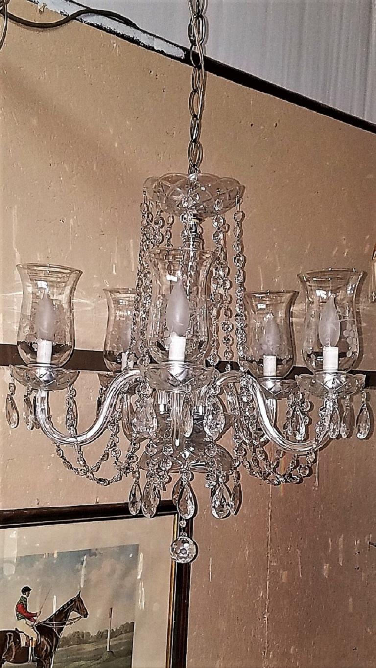 Etched Hurricane Shade Crystal 5Arm Chandelier For Sale at 1stDibs