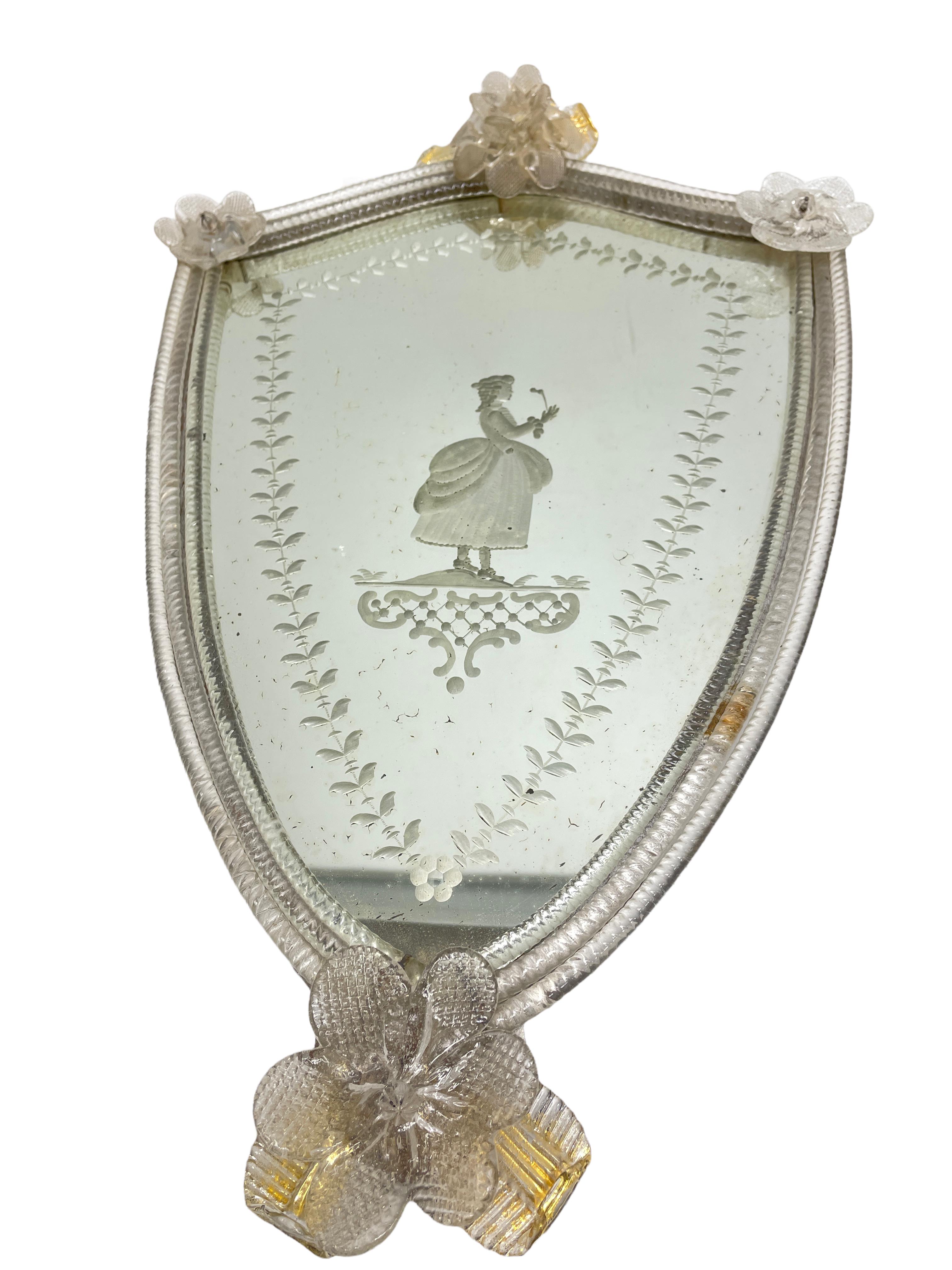 Hollywood Regency Etched Lady Murano Mirror Gold Flake Leaf 1930s Italy Venetian, Venice