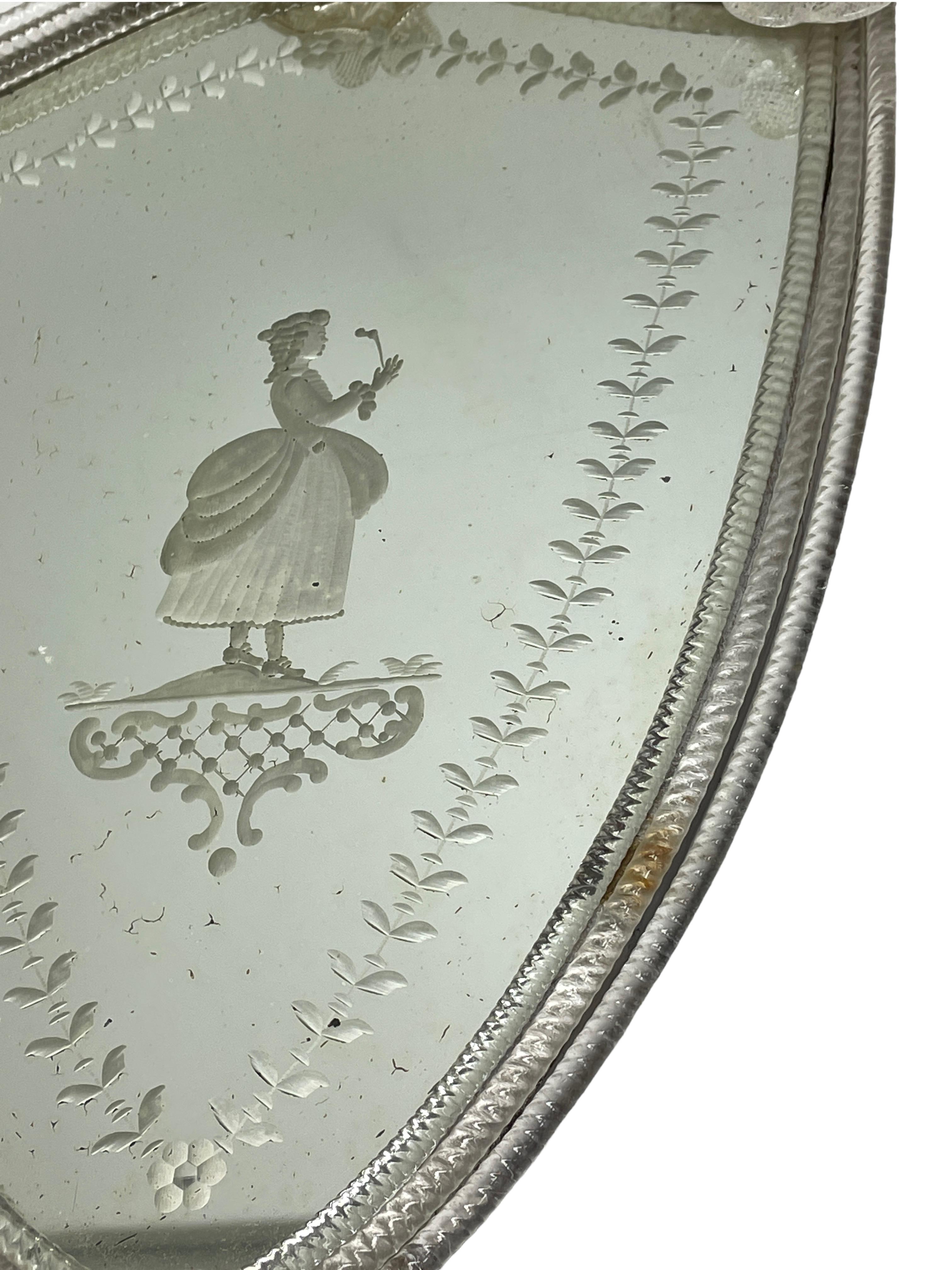 Mid-20th Century Etched Lady Murano Mirror Gold Flake Leaf 1930s Italy Venetian, Venice
