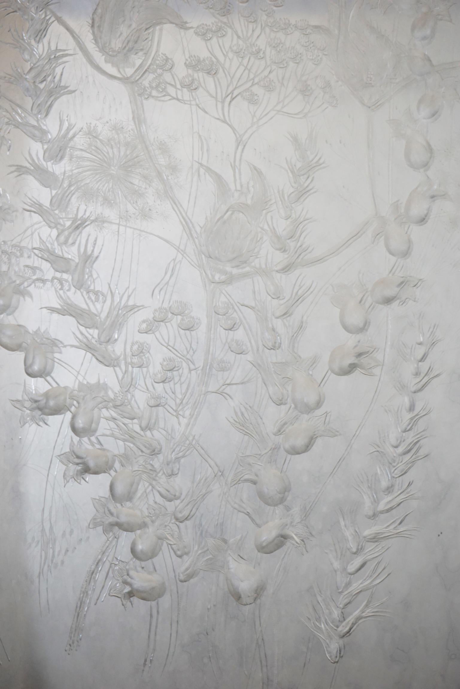 1920's etched Lucite botanical panels found at an estate sale were backed with antiqued mirror and frame to elevate the beauty of the hand-etching. These beauties were the star of the show in the Potting Room at the Hamptons Showhouse. Highly