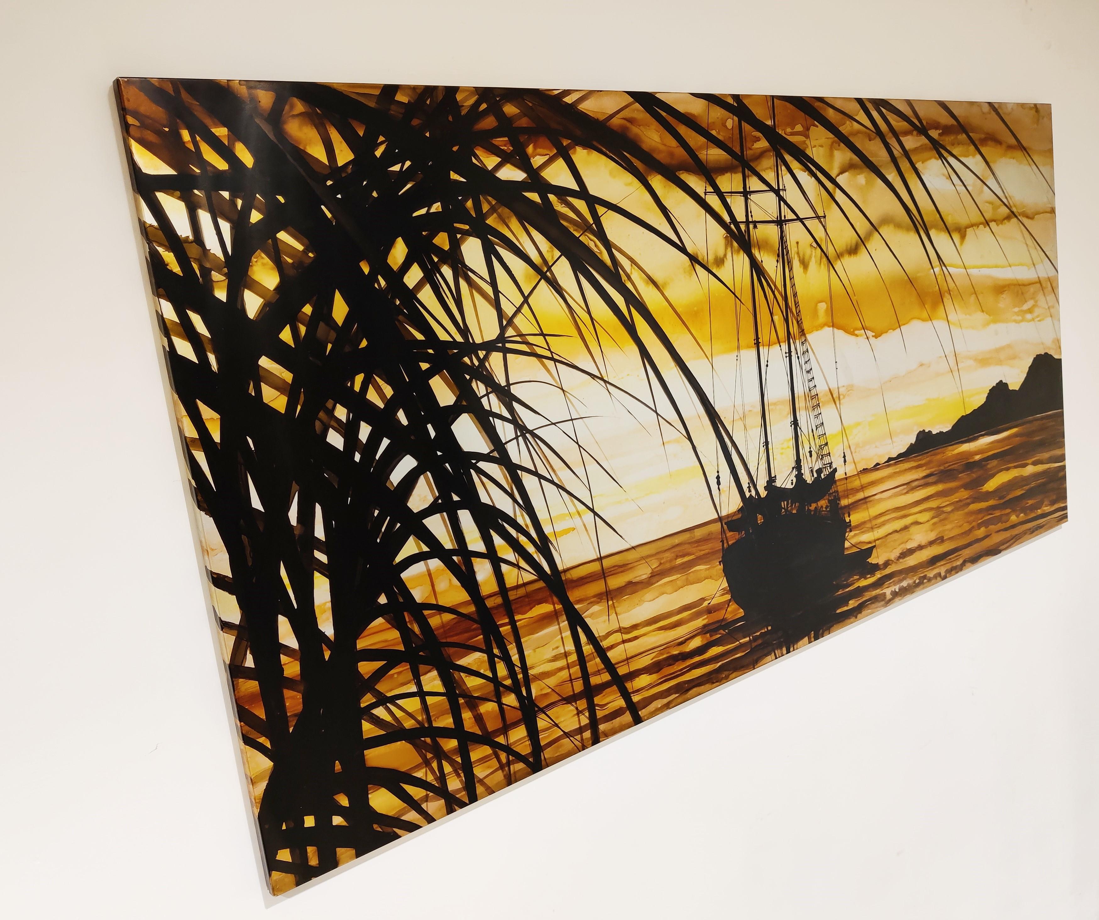 Etched technique - 'Depotter' 19.1.'77

The technique of etching with acid treated metal and a landscape with setting sun and palm trees and a boat, in orange/brown tones.

Measures: Length: 195cm/76.77