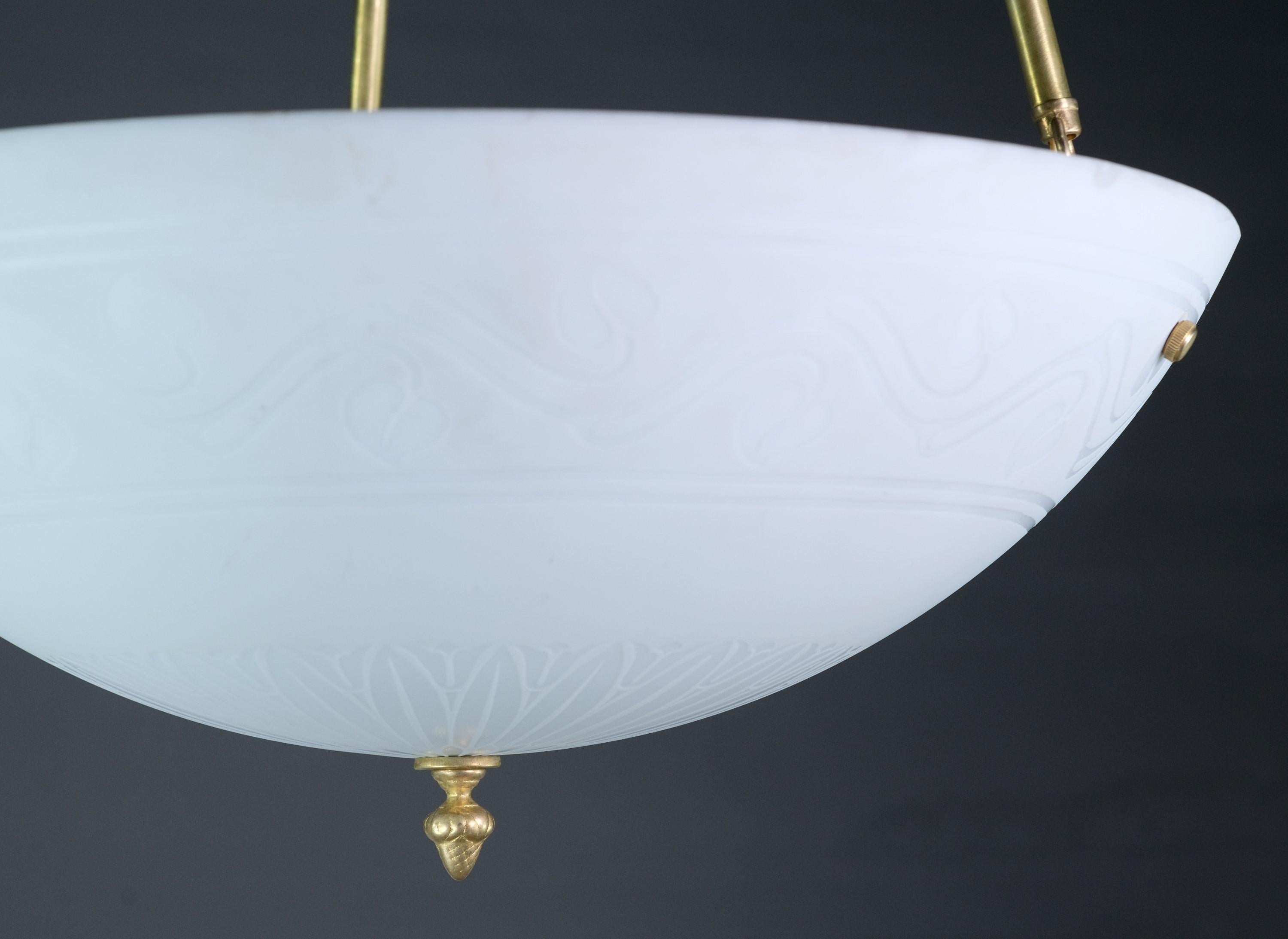 Modern Etched Milk Glass Dish Pendant Light Leaf Design Restored For Sale