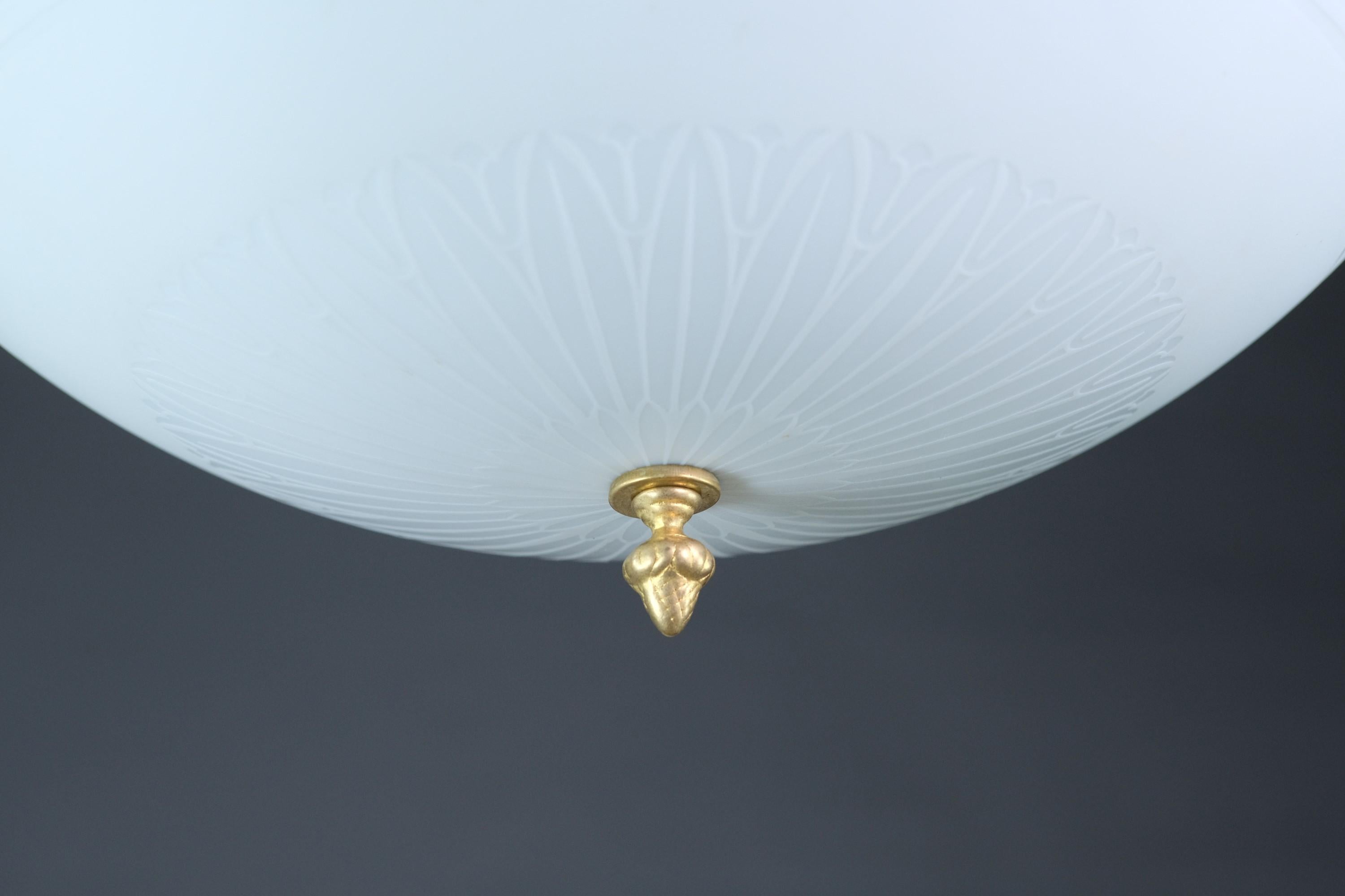 20th Century Etched Milk Glass Dish Pendant Light Leaf Design Restored For Sale