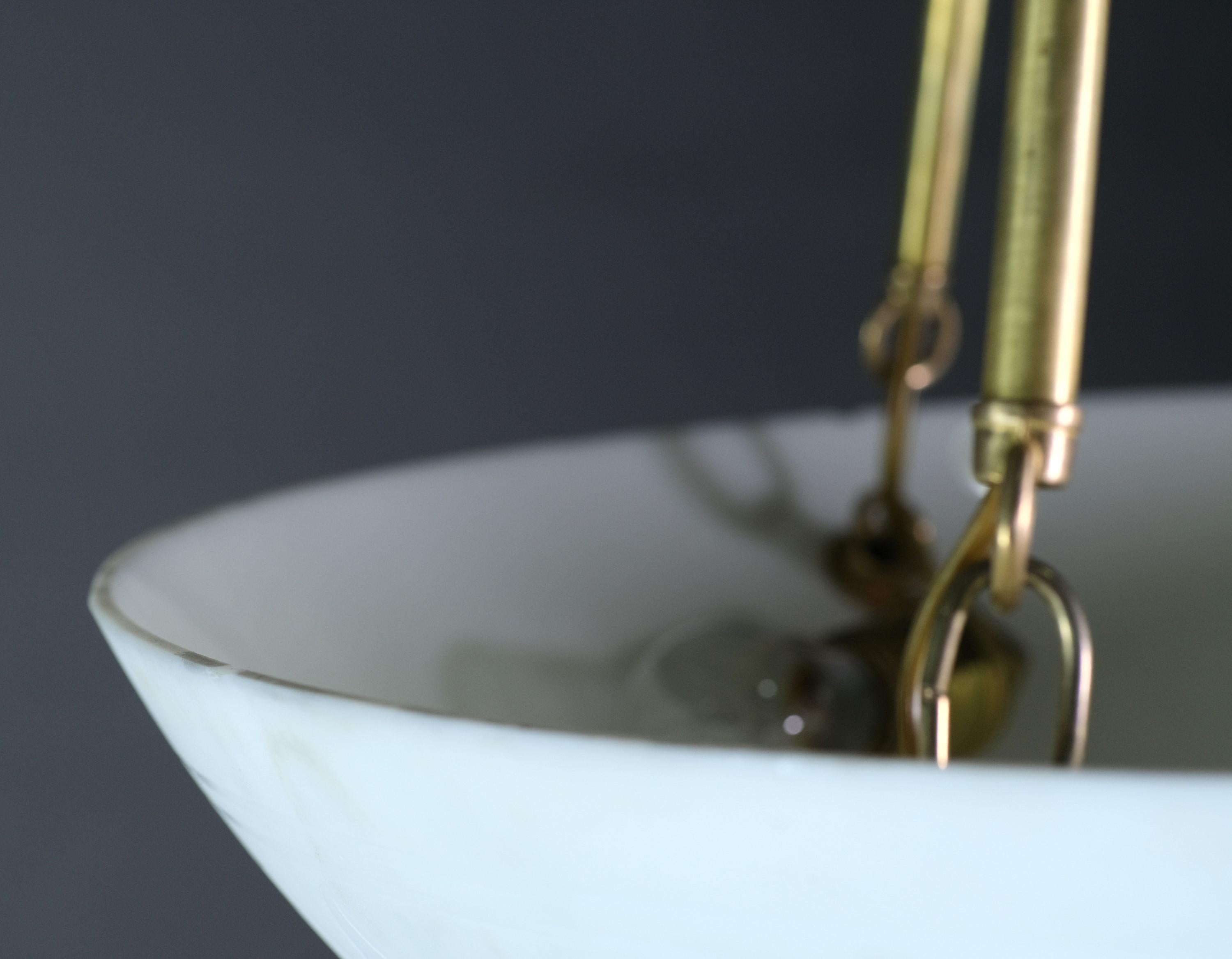 Brass Etched Milk Glass Dish Pendant Light Leaf Design Restored For Sale