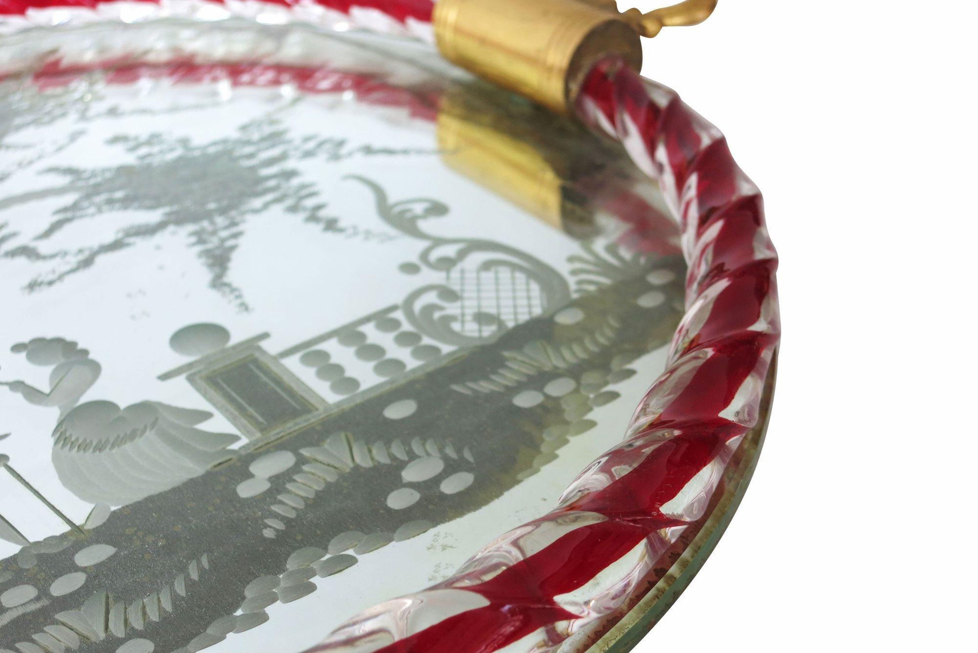 Mid-20th Century Etched Murano Glass Mirrored Round Tray by Ercole Barovier