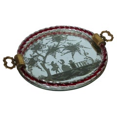 Etched Murano Glass Mirrored Round Tray by Ercole Barovier