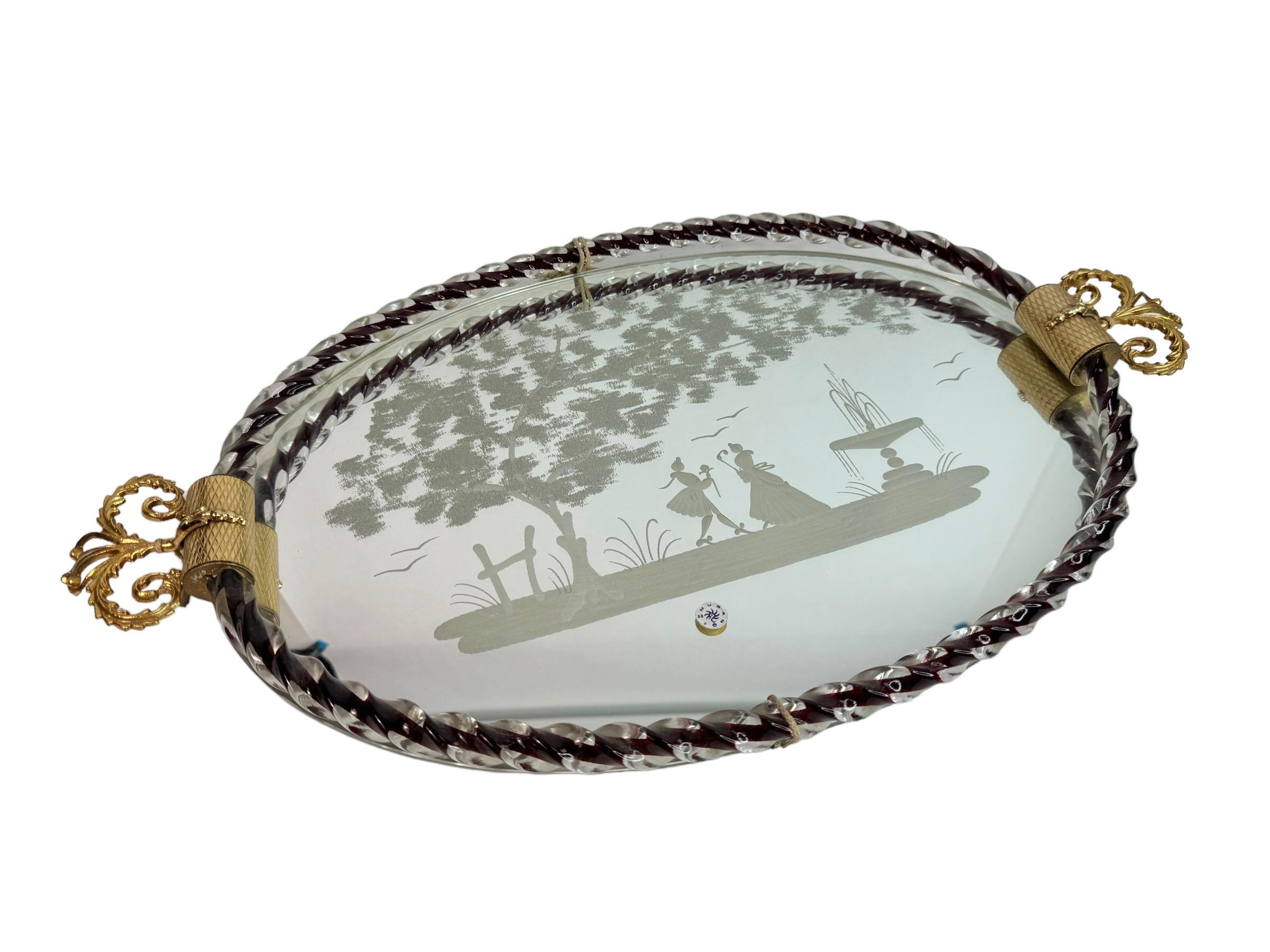 Hollywood Regency Plateau à miroir en verre de Murano gravé par Ercole Barovier en vente