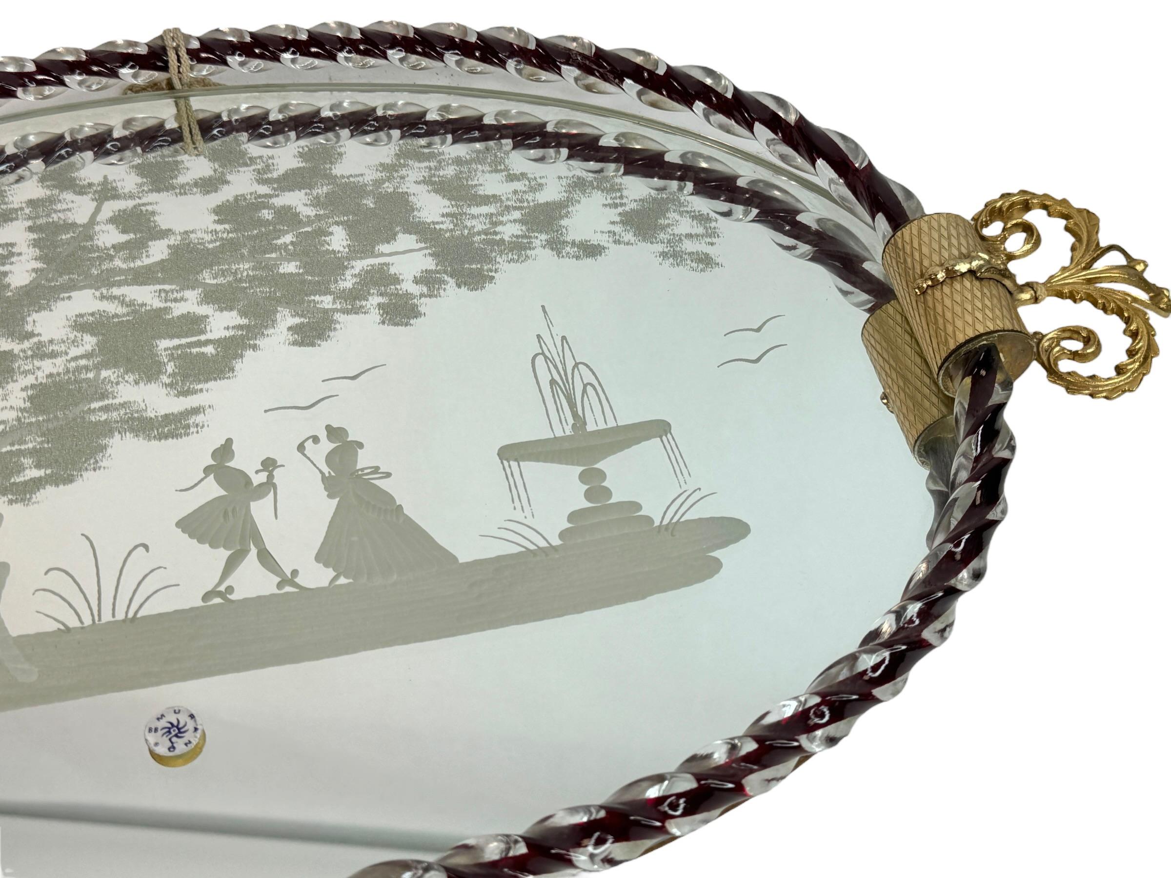 Miroir Plateau à miroir en verre de Murano gravé par Ercole Barovier en vente