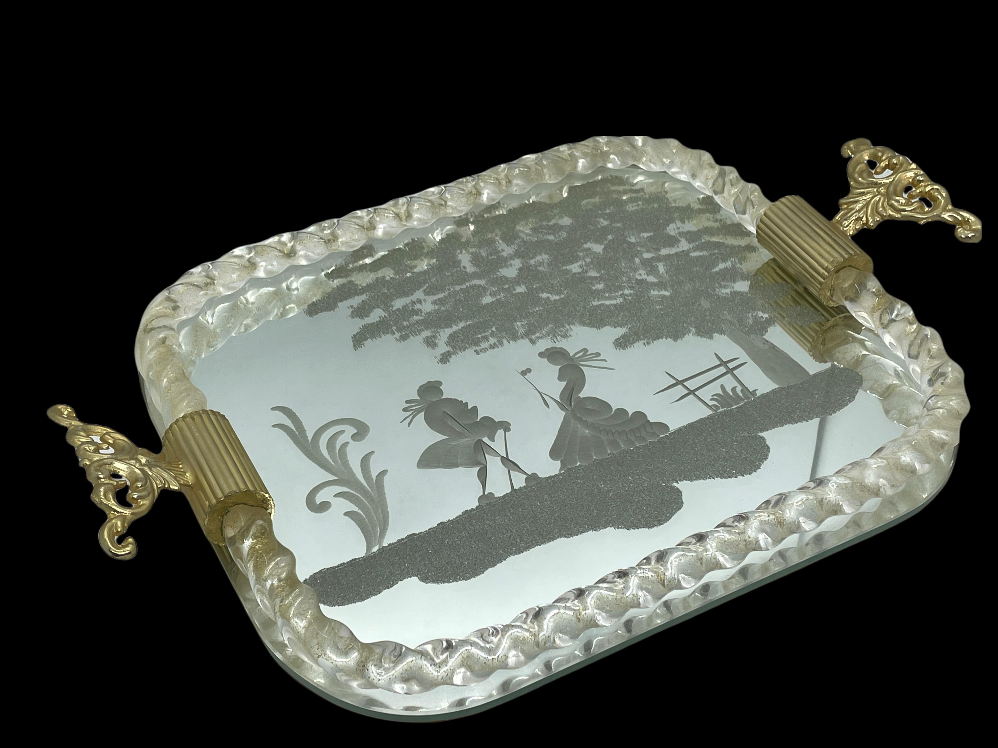 Etched Murano Glass Mirrored Tray by Ercole Barovier, Italy, 1960s 6