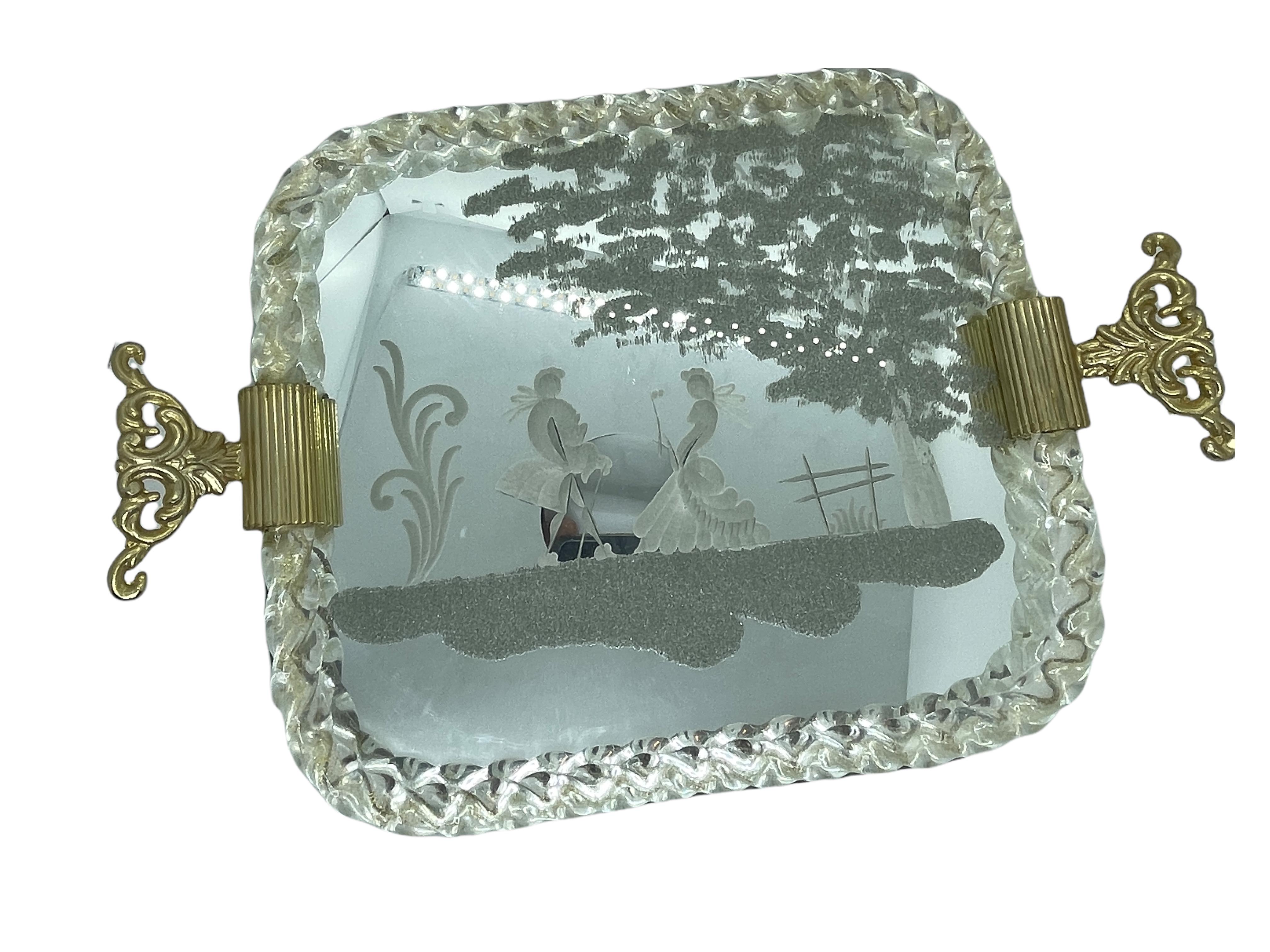Hollywood Regency Etched Murano Glass Mirrored Tray by Ercole Barovier, Italy, 1960s