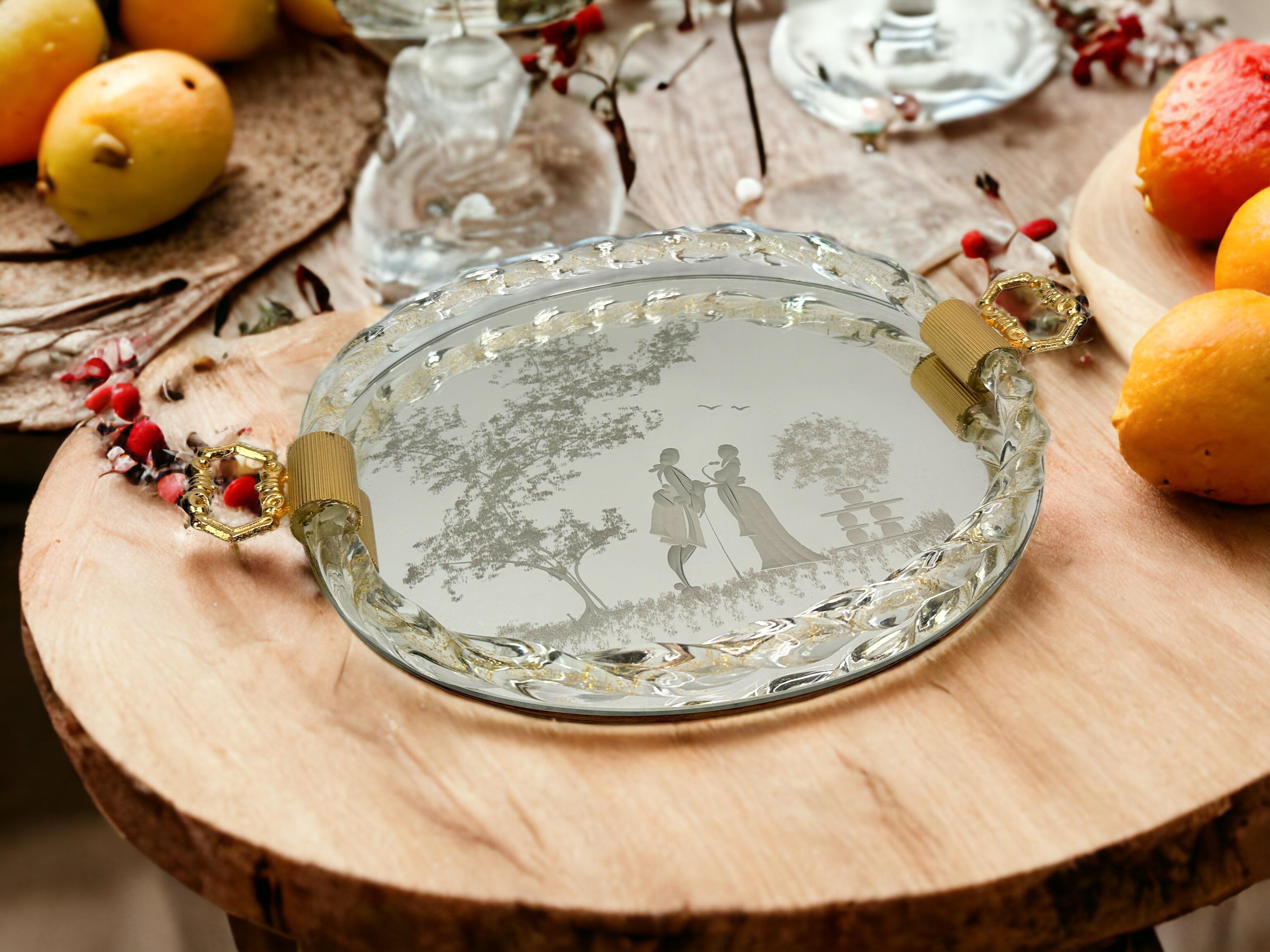 Hollywood Regency Etched Murano Glass Mirrored Tray by Ercole Barovier, Italy, 1960s For Sale