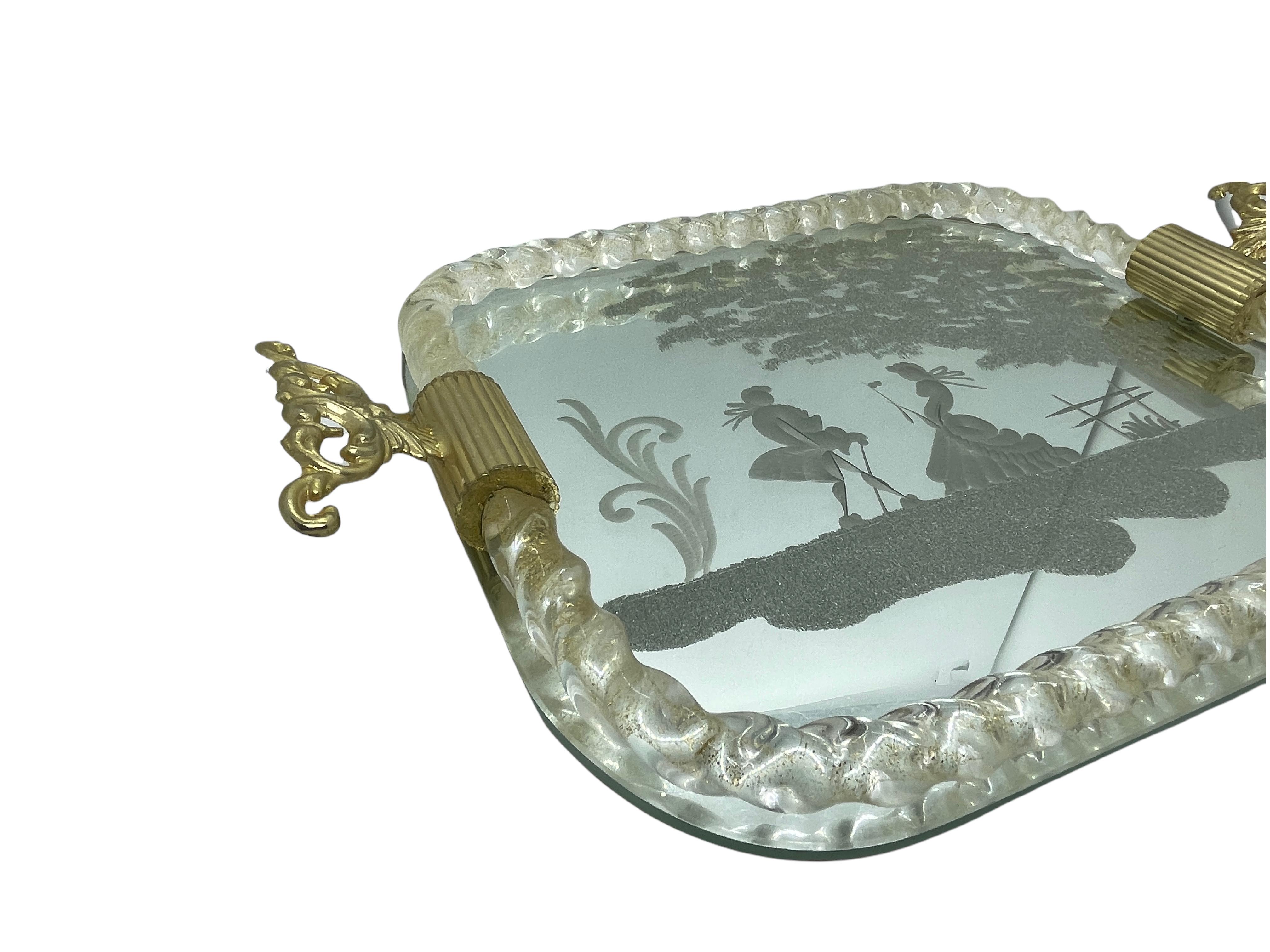 Italian Etched Murano Glass Mirrored Tray by Ercole Barovier, Italy, 1960s
