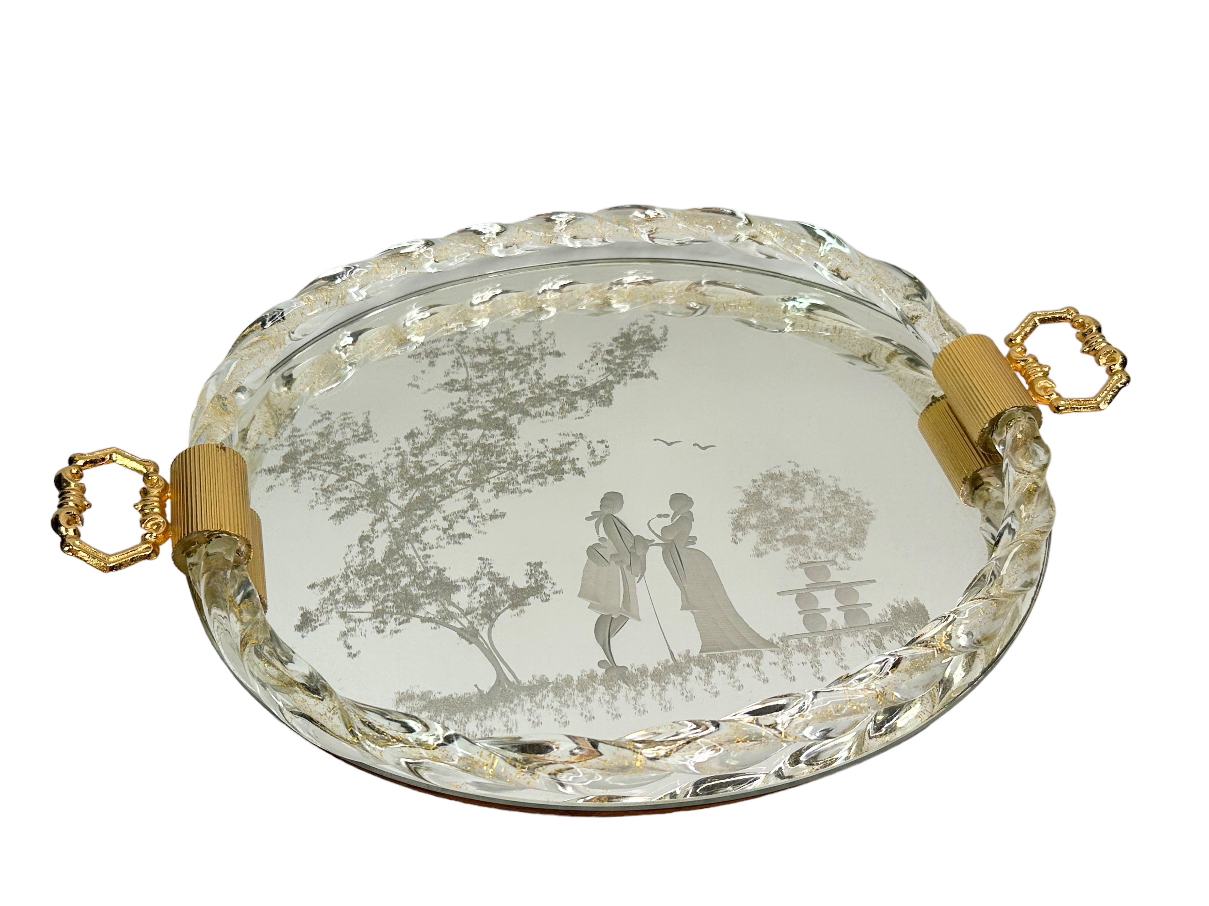 Hollywood Regency Etched Murano Glass Mirrored Tray by Ercole Barovier, Italy, 1960s For Sale