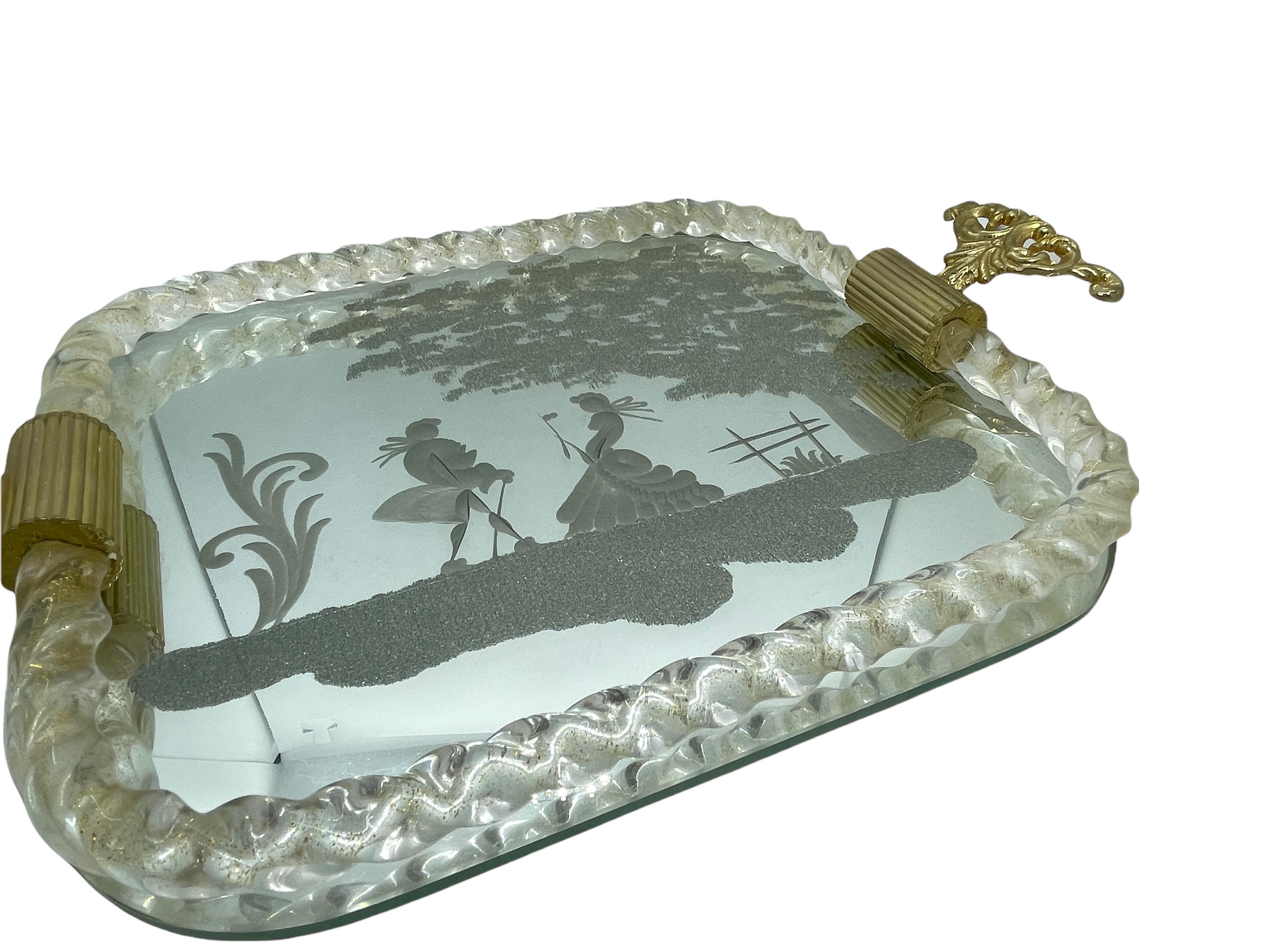 Hand-Crafted Etched Murano Glass Mirrored Tray by Ercole Barovier, Italy, 1960s