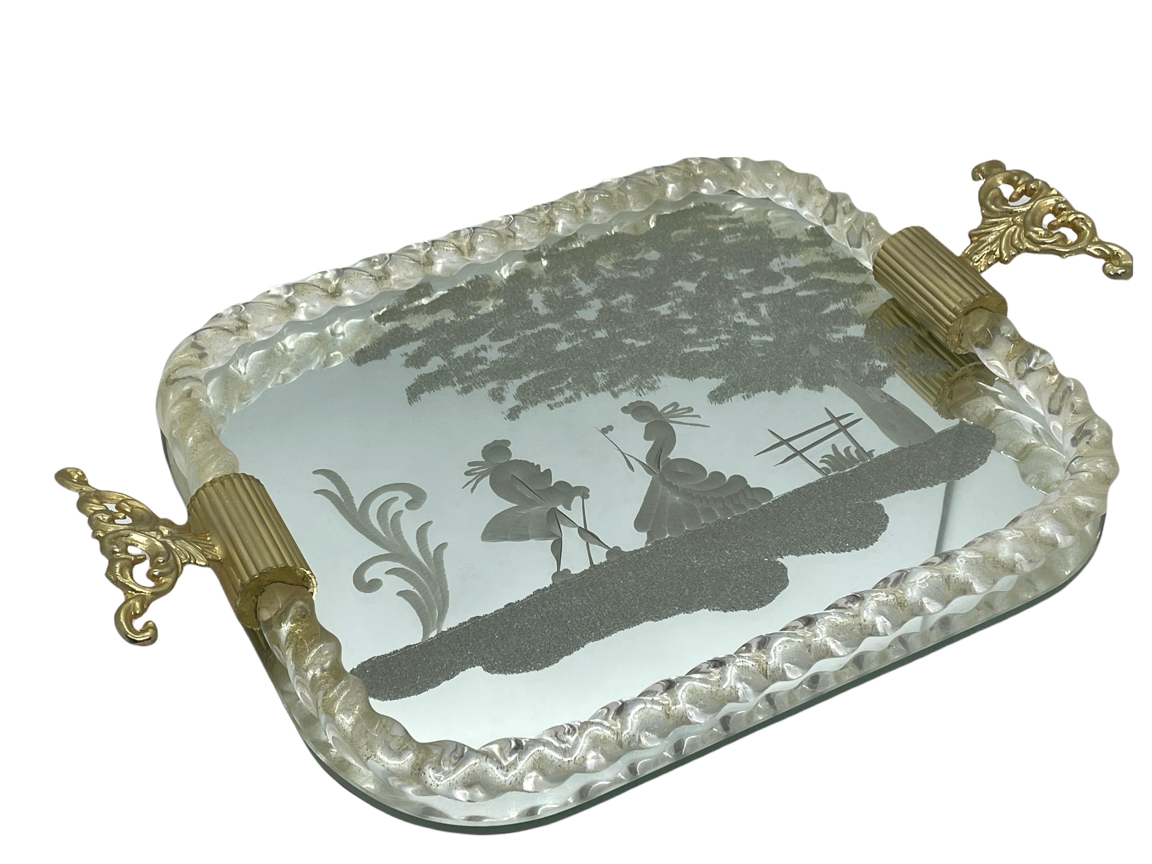 Etched Murano Glass Mirrored Tray by Ercole Barovier, Italy, 1960s In Good Condition In Nuernberg, DE