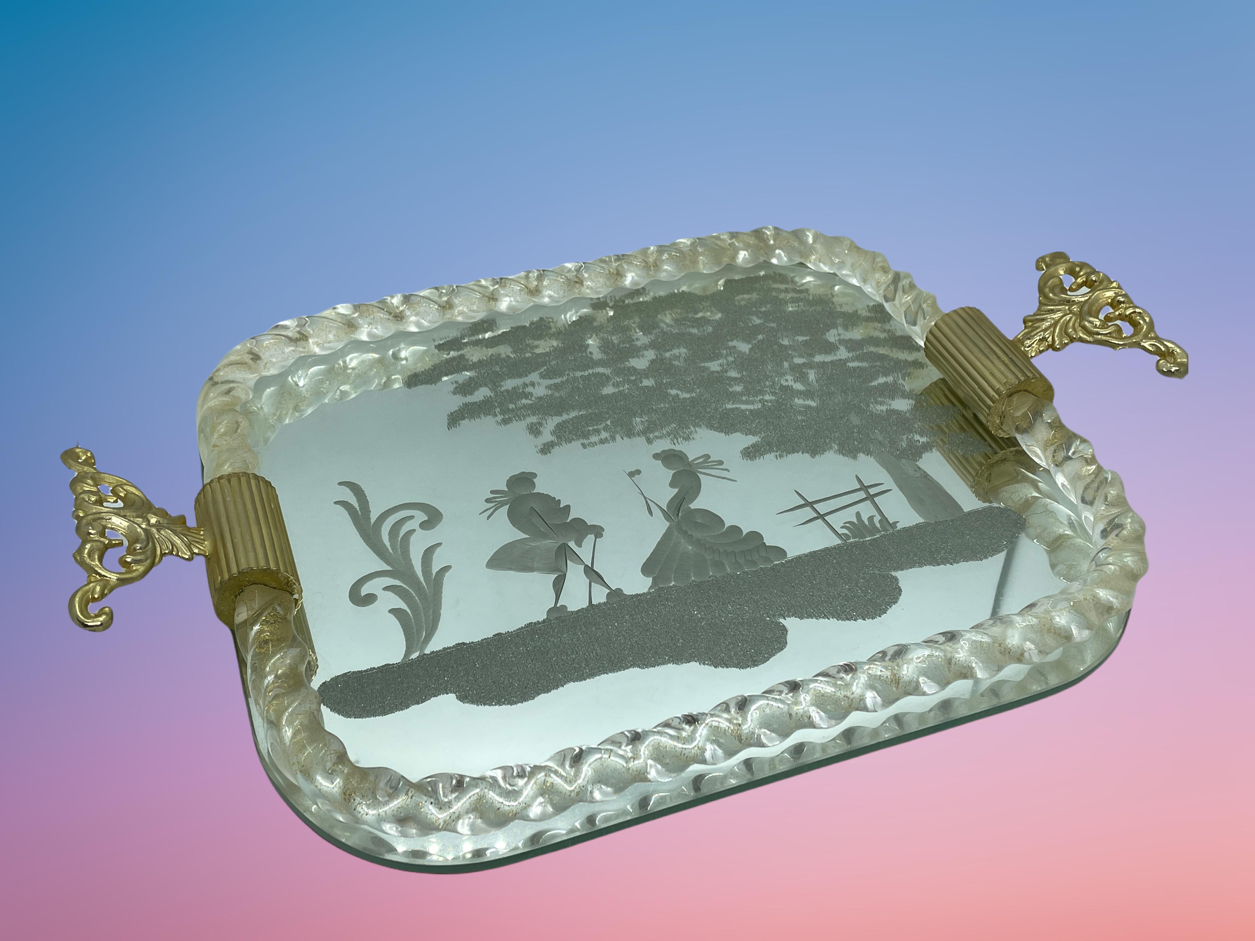 Etched Murano Glass Mirrored Tray by Ercole Barovier, Italy, 1960s 2