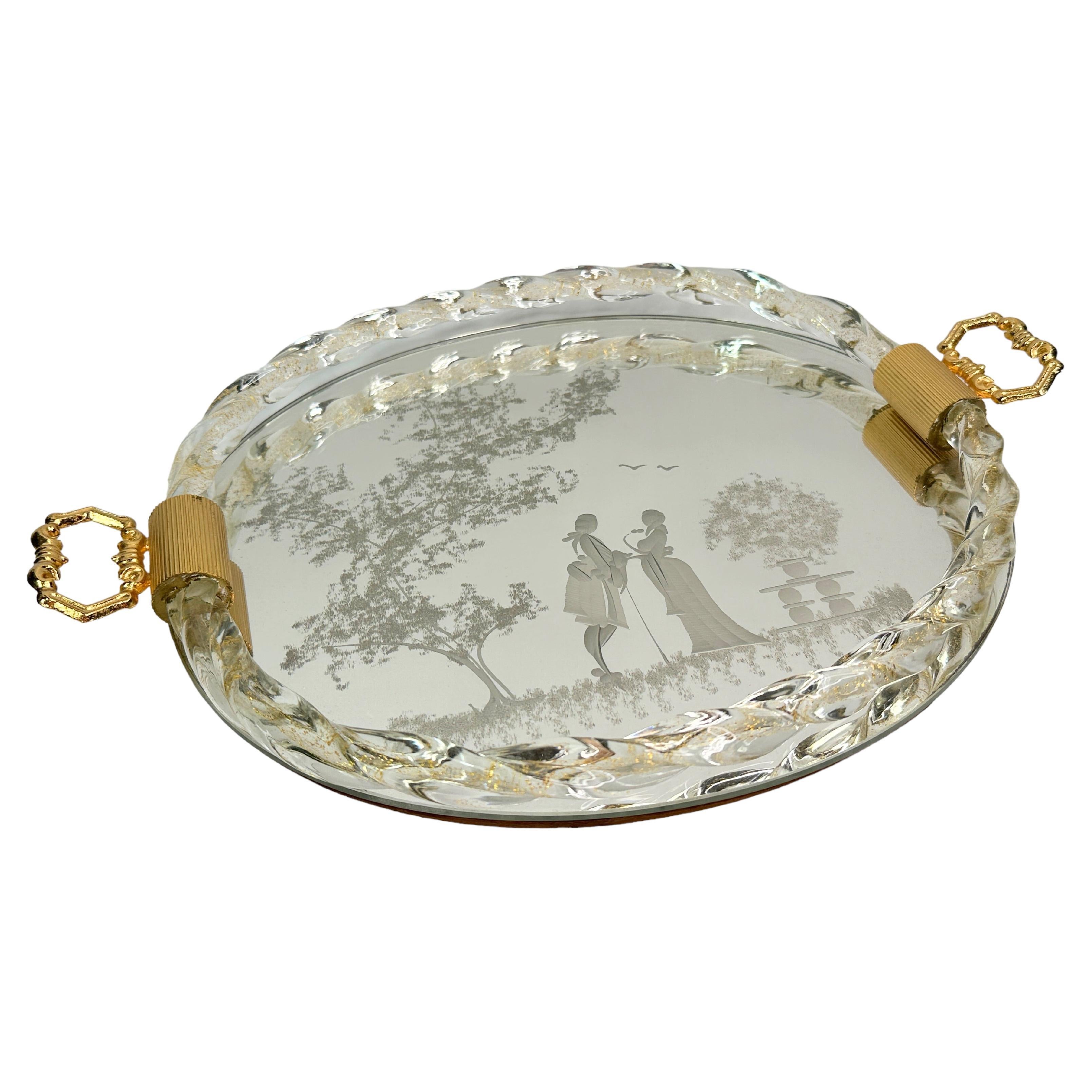 Etched Murano Glass Mirrored Tray by Ercole Barovier, Italy, 1960s For Sale