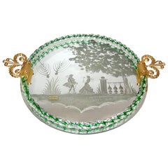 Etched Murano Glass Mirrored Tray with Bronze Handles