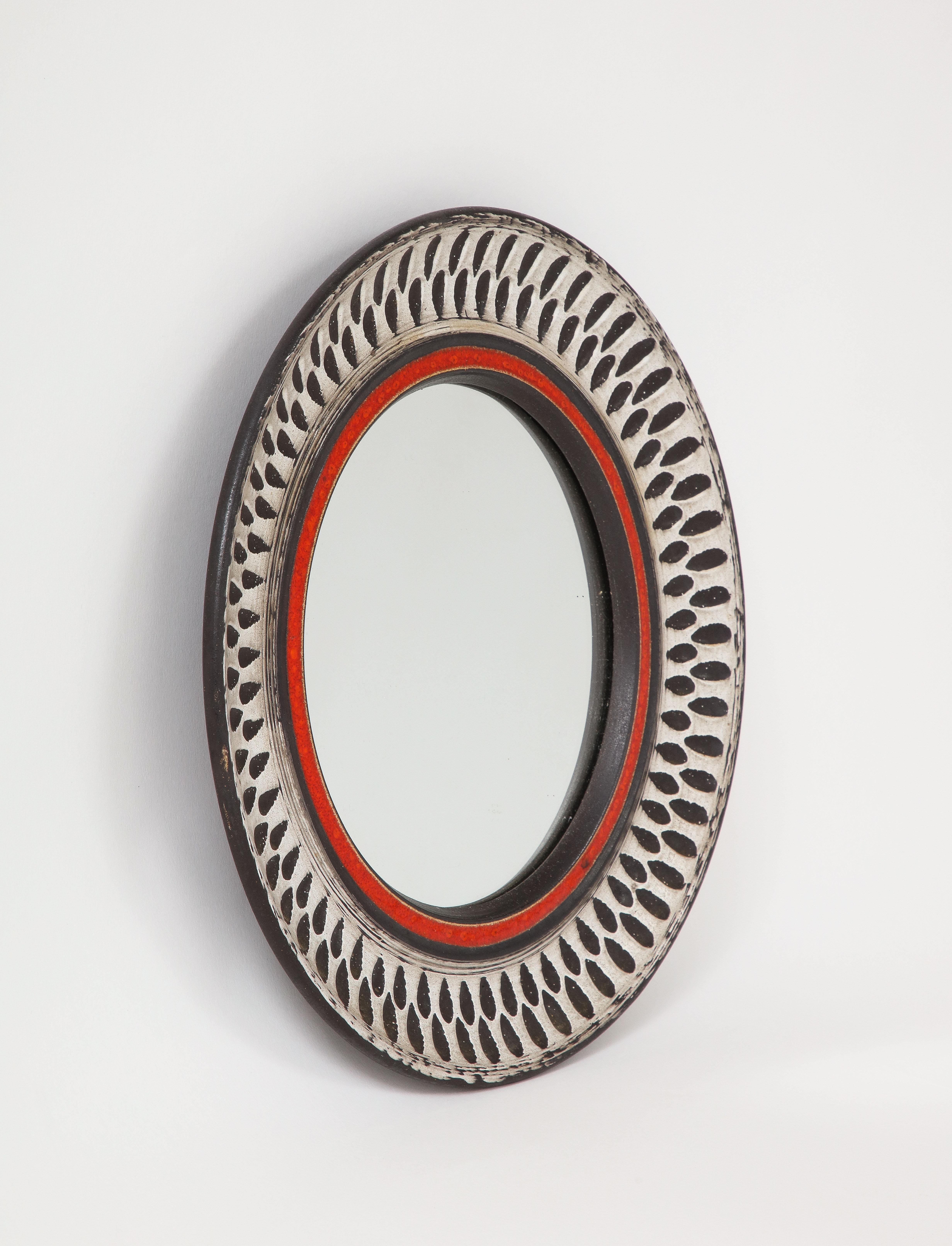 French Etched Petite Glazed Ceramic Wall Mirror - France 1960's For Sale