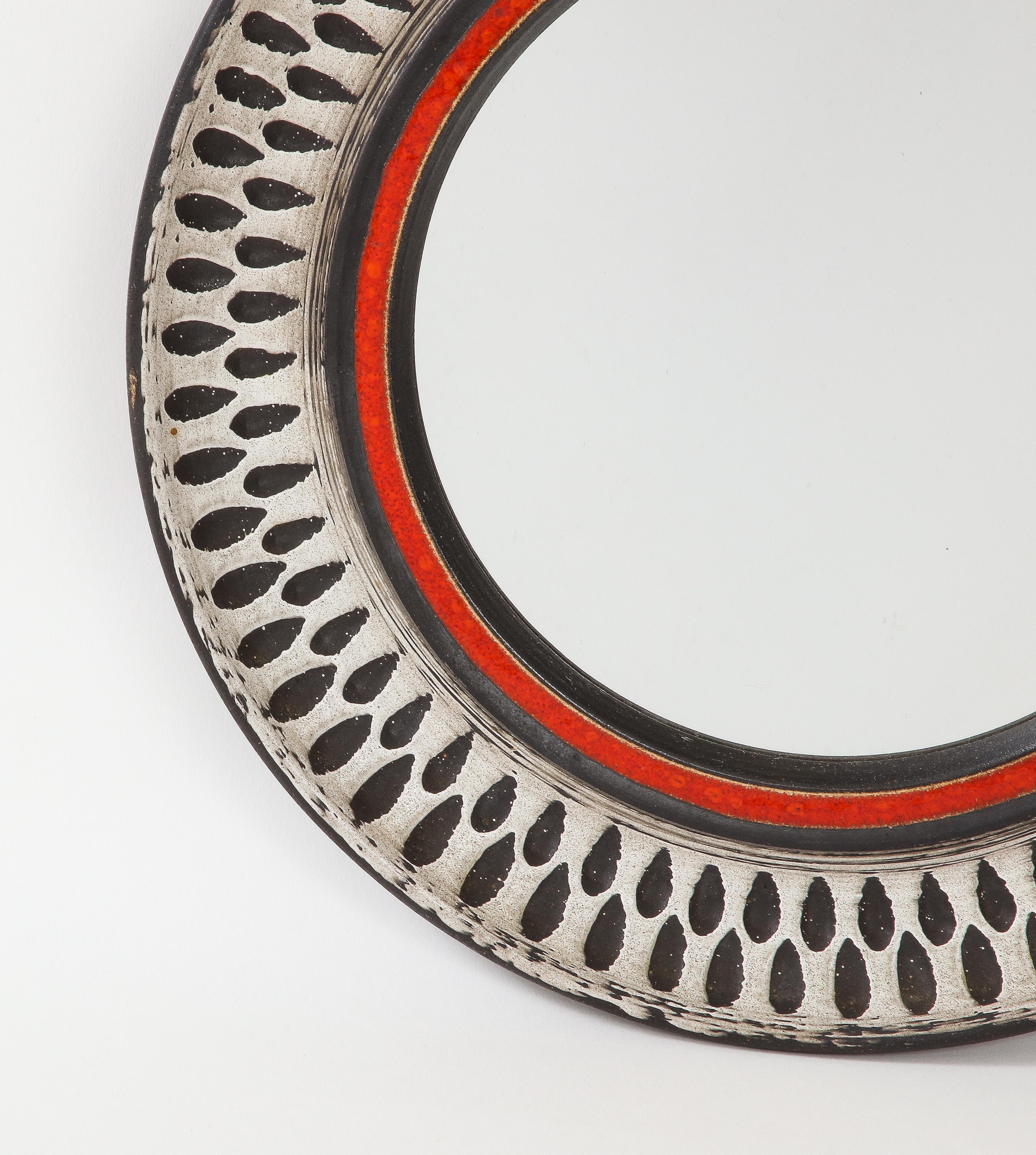 Etched Petite Glazed Ceramic Wall Mirror - France 1960's 1