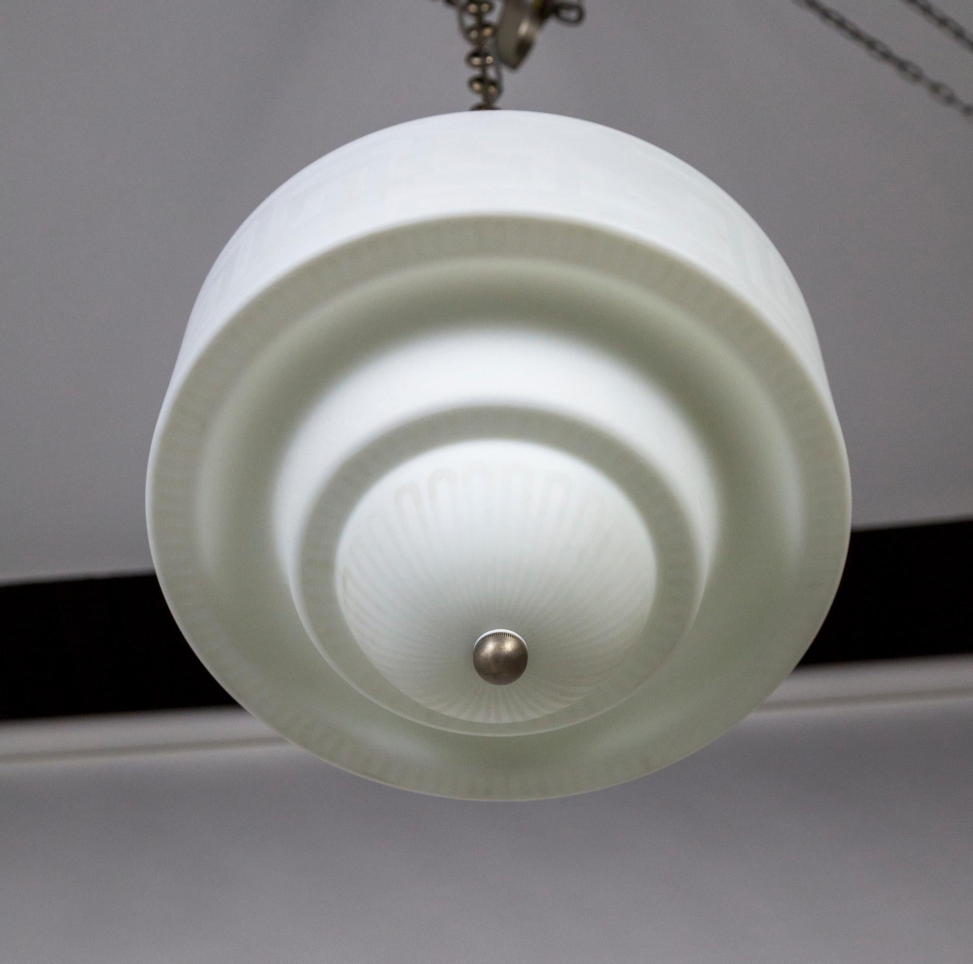 Art Deco Etched Stepped Milk Glass Deco Pendant Light For Sale
