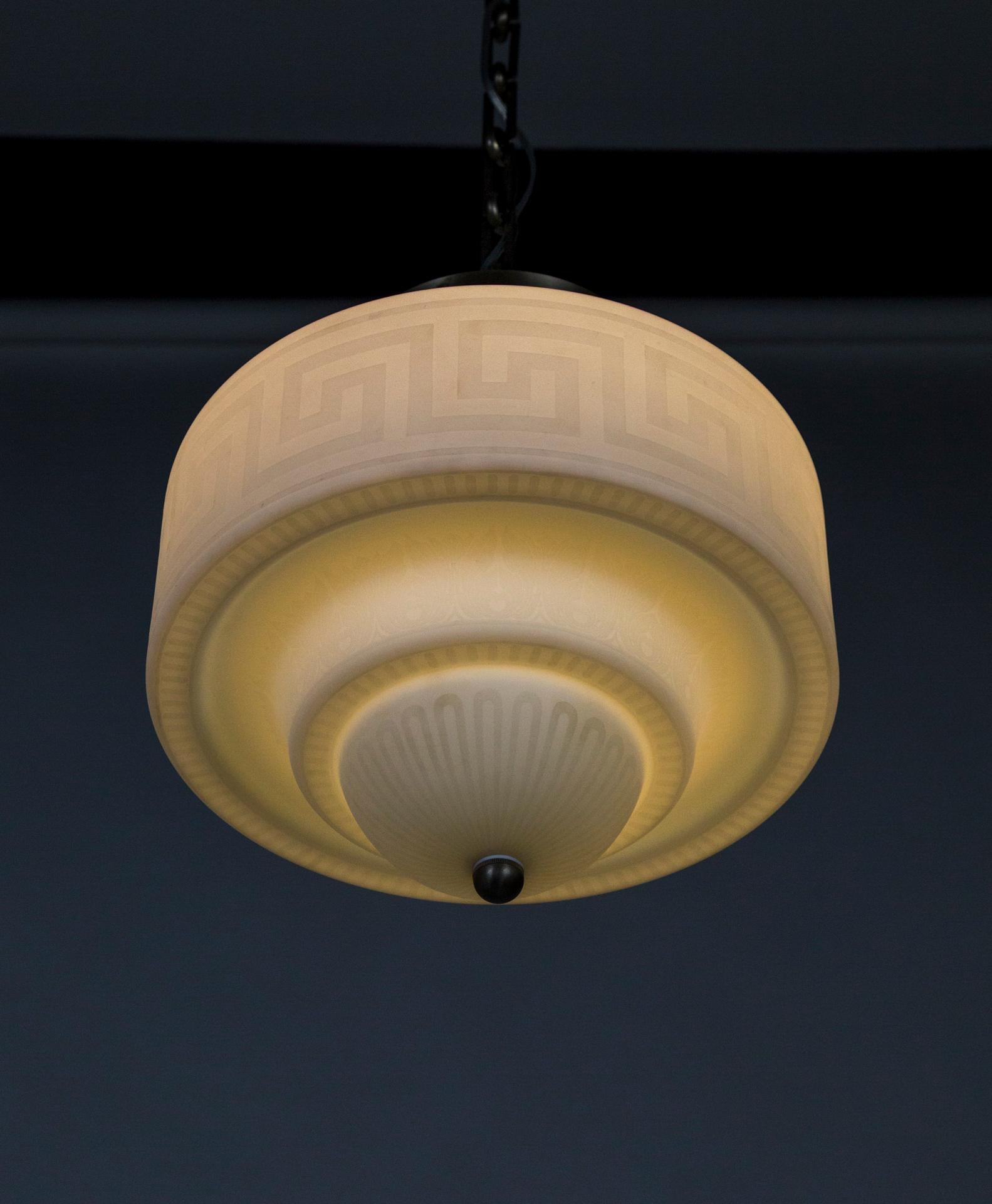 Early 20th Century Etched Stepped Milk Glass Deco Pendant Light For Sale