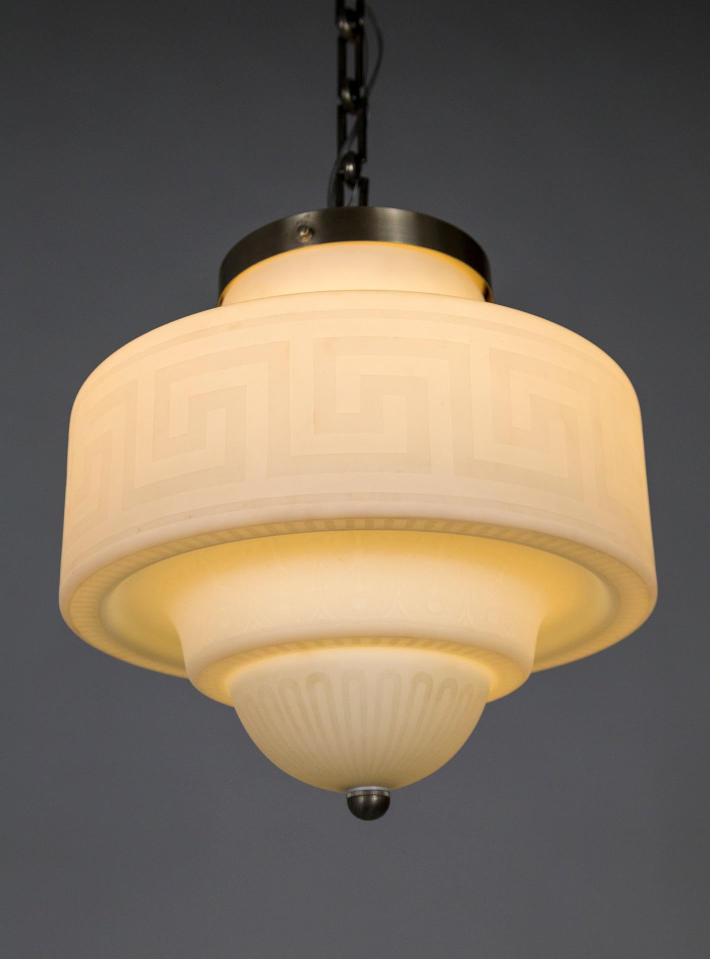 Etched Stepped Milk Glass Deco Pendant Light For Sale 1