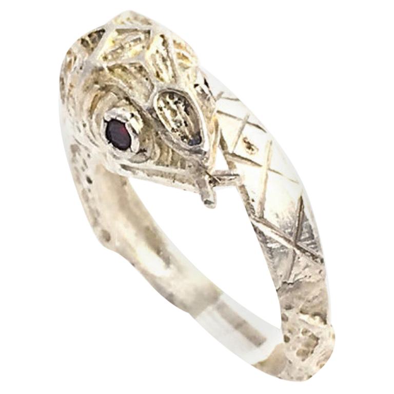 Etched Sterling Silver and Garnet Snake Ring For Sale