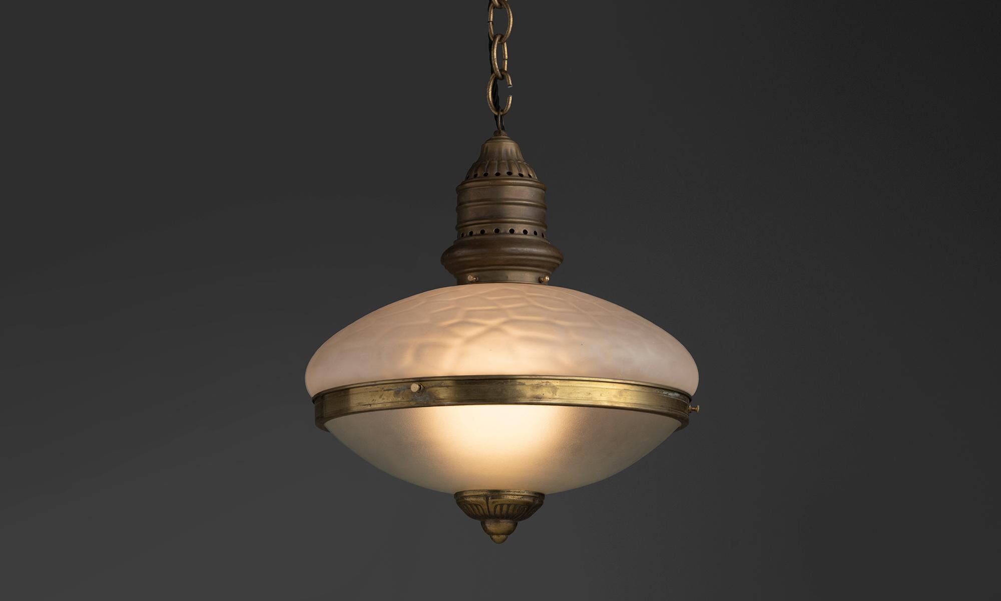 Netherlands, 1920
Etched & opaline glass pendant with brass hardware.
13.5”dia x 18”h
Ref. L5190
$ 3,200