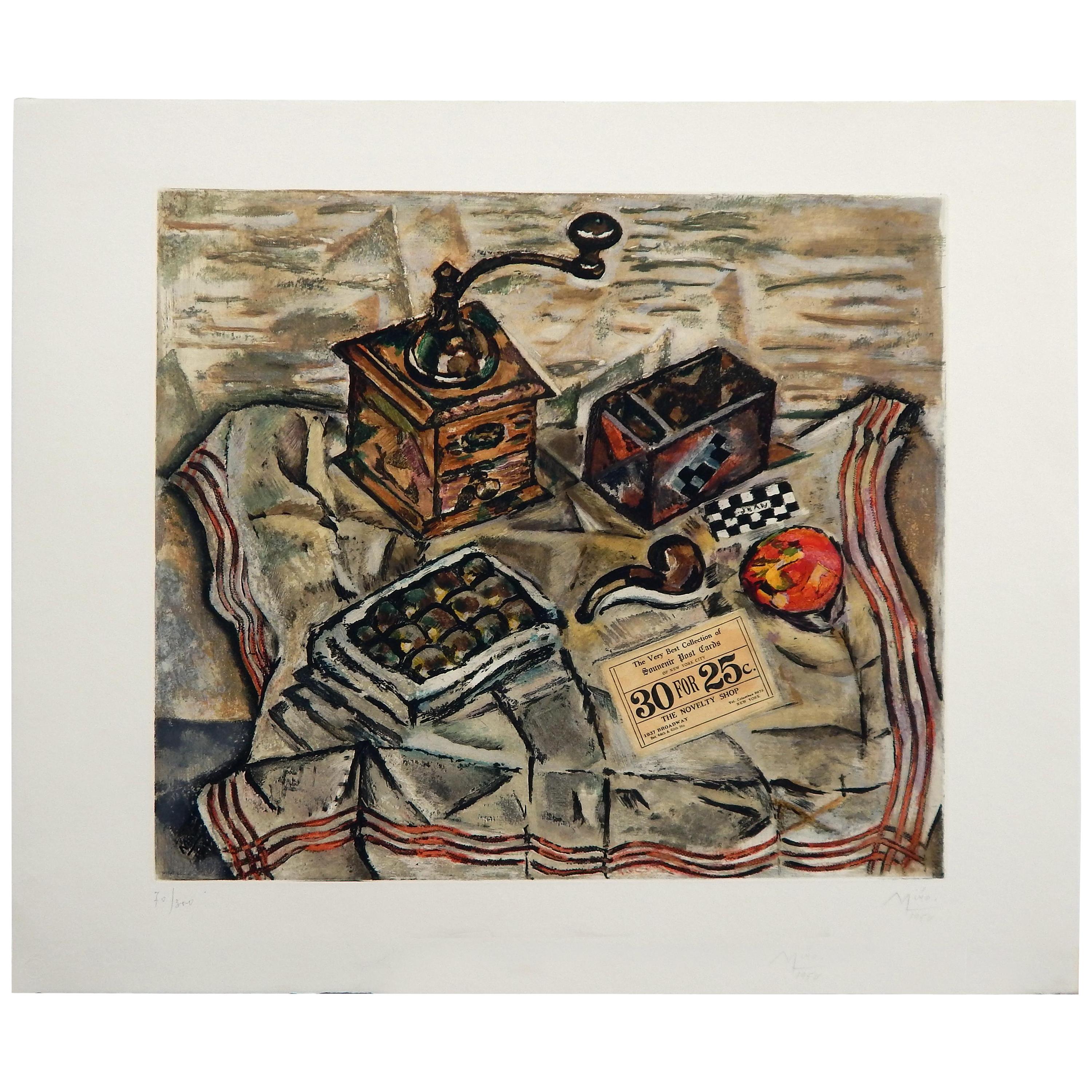 Gravure et aquatinte d'après Joan Miro, 1954, Le Moulin a Cafe (moulin à café) en vente