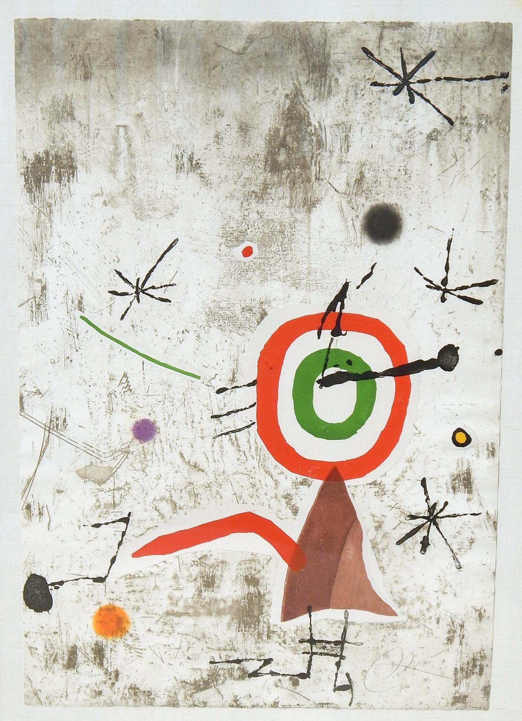 Color etching with collage by Spanish artist Joan Miró, (1893-1983)
Title: Personatge I Estels VII (figure and stars)
Medium: Color etching and aquatint with collage on paper
Measures: Sheet 35.75 x 24.75 in., frame 42.63