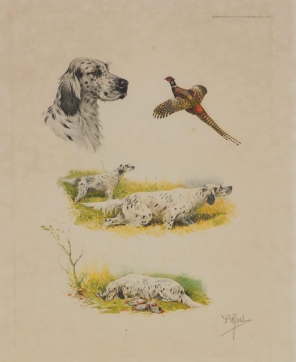 Etching Aquatint of Working Dogs and Pheasant French 
Signed in pencil by artist Boris Riab 1898-1975
contemporary of Leon Danchin
Published by Ch. Ducher Paris
Unframed 
Actual image plate size 32 x 25cms
Old art cartridge paper with general