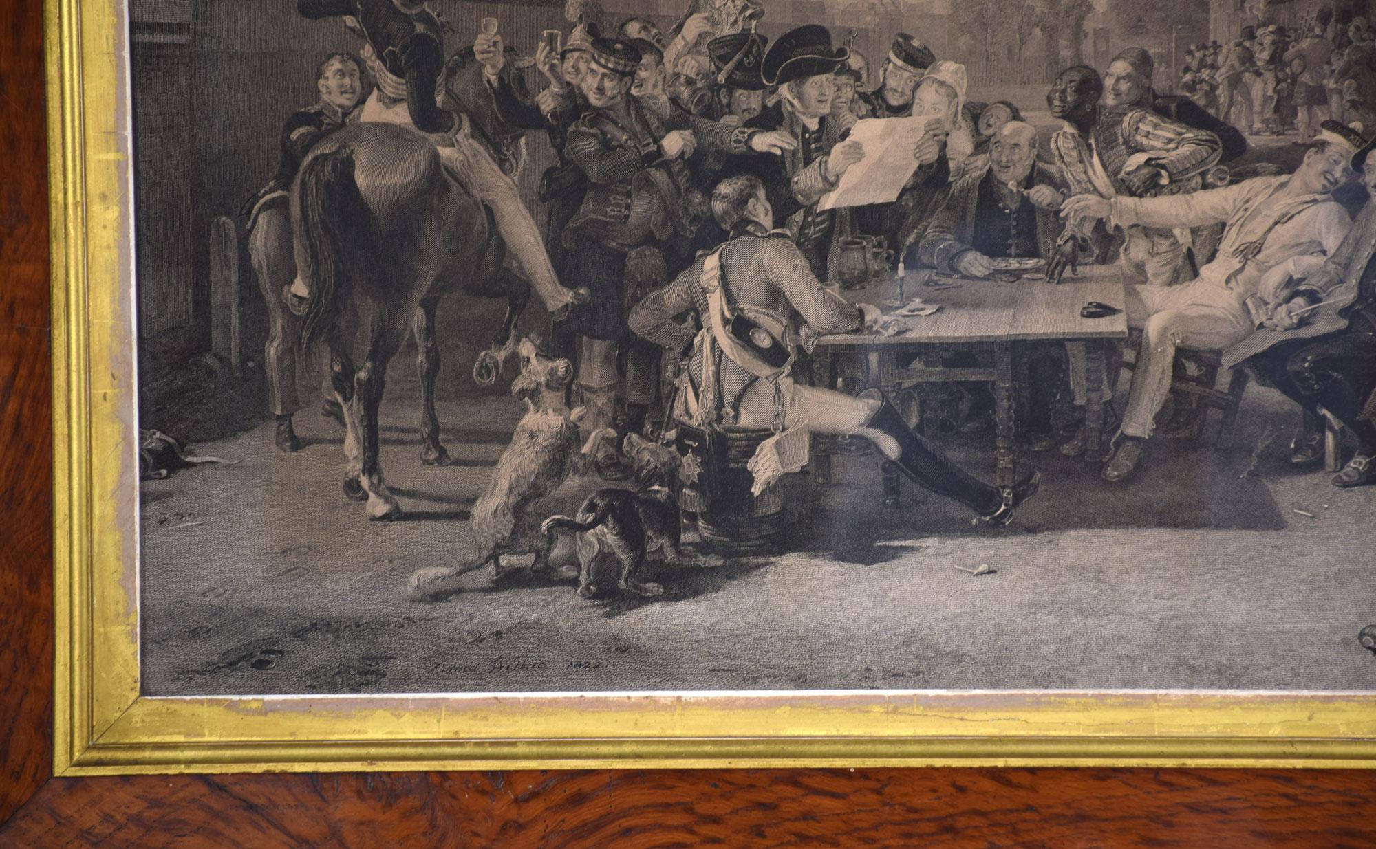 Une gravure de la peinture originale de David Wilkie intitulée The Chelsea Pensioners reading the Waterloo Dispatch, un énorme succès en 1822 lorsqu'elle a été exposée pour la première fois par la Royal Academy à l'occasion du 7e anniversaire de la