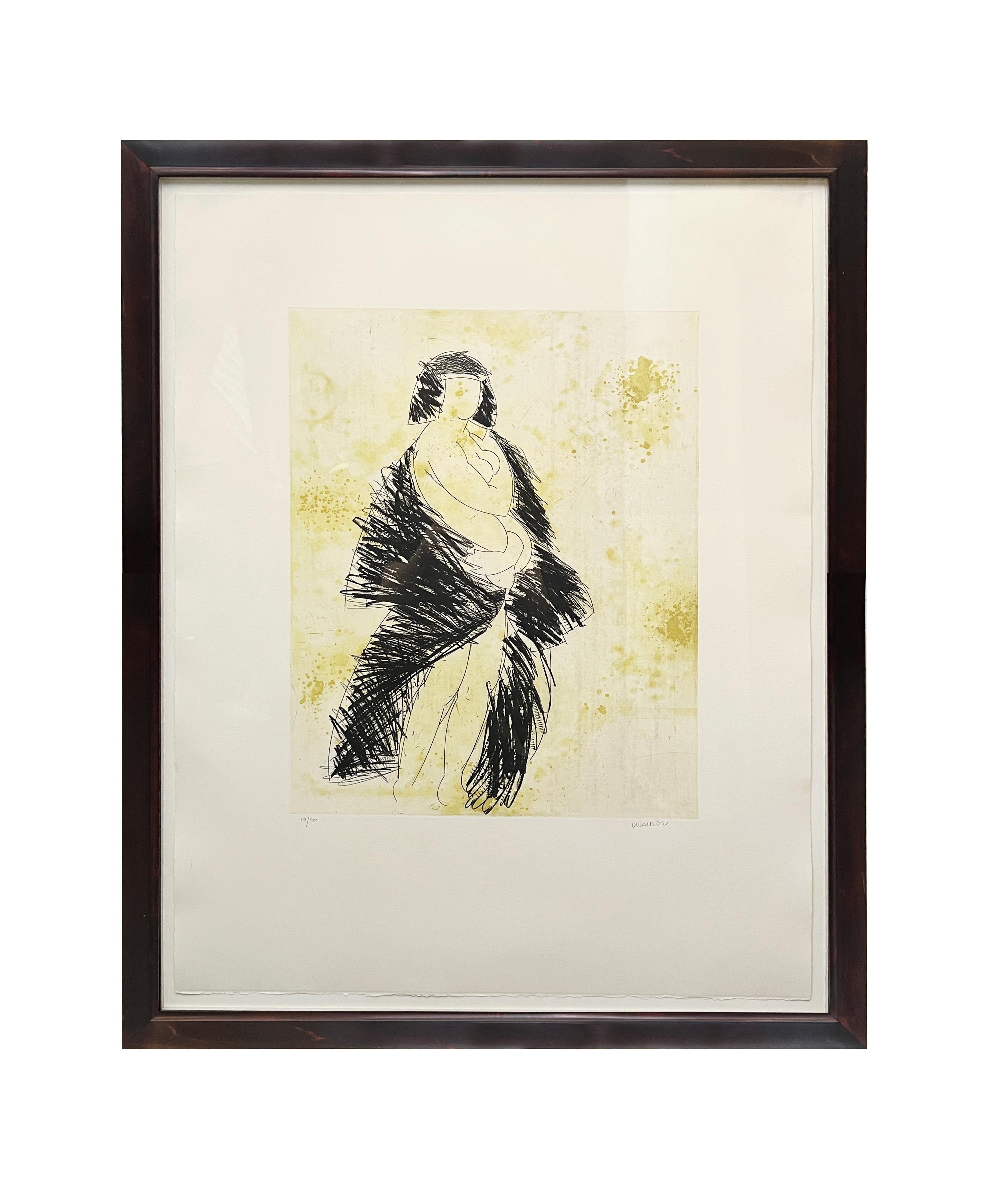 Etching by Manolo Valdes, depicting a naked silhouette of a woman covered by a black blanket. Manolo Valdes is one of few artists today who has successfully mastered the disciplines of drawing, painting, sculpture and printmaking. In each medium he