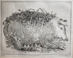 Etching of a pig titled "Betsy's Harvest" by Ford Ruthling, dated 1973, 72/75