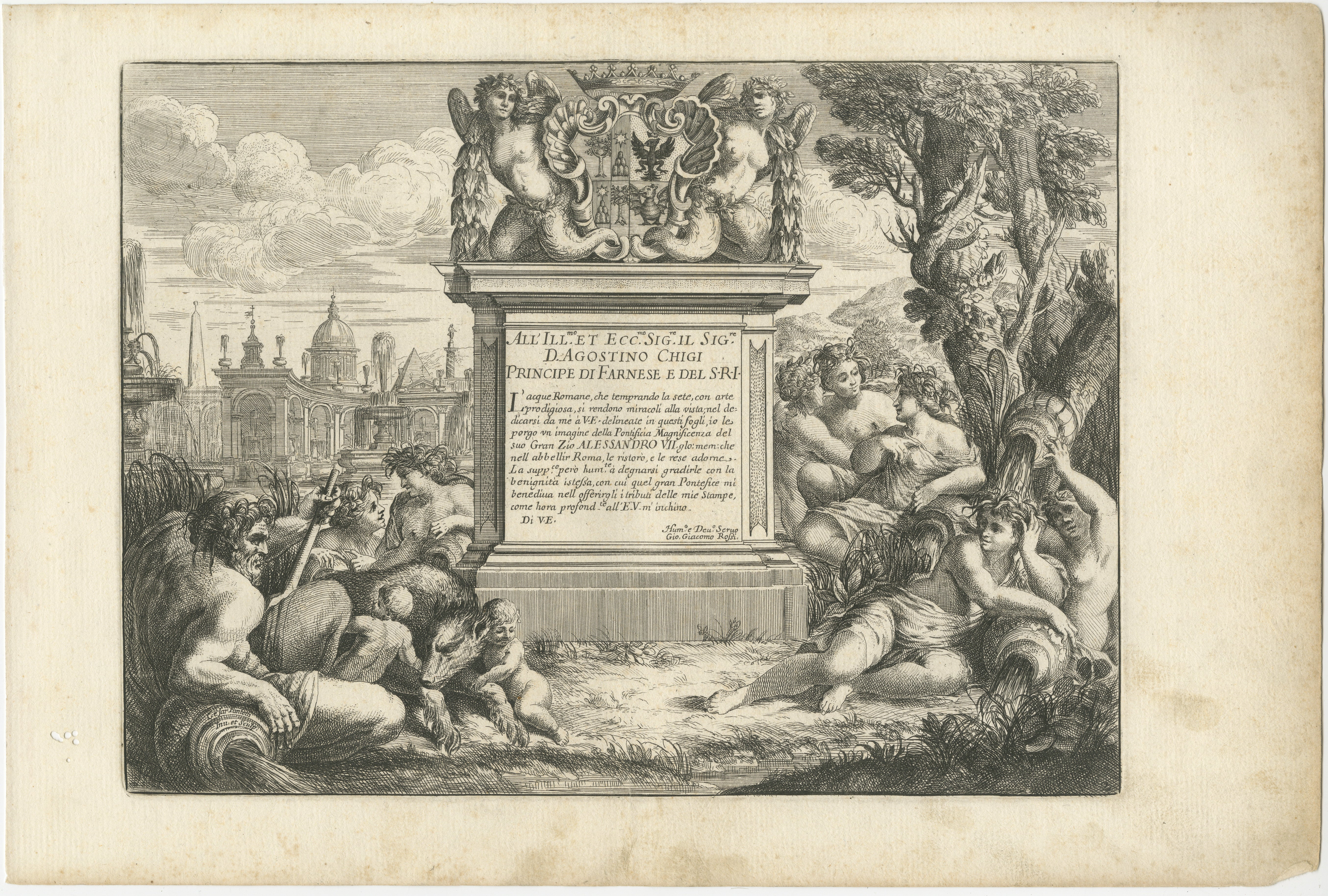 Gravure des armoiries d'Agostino Chigi et vue de Rome, par Cesar Fantetti

Cette exquise gravure à l'eau-forte du XVIIe siècle, créée par le graveur italien Cesar Fantetti entre 1653 et 1691, fait partie de la célèbre série des 
